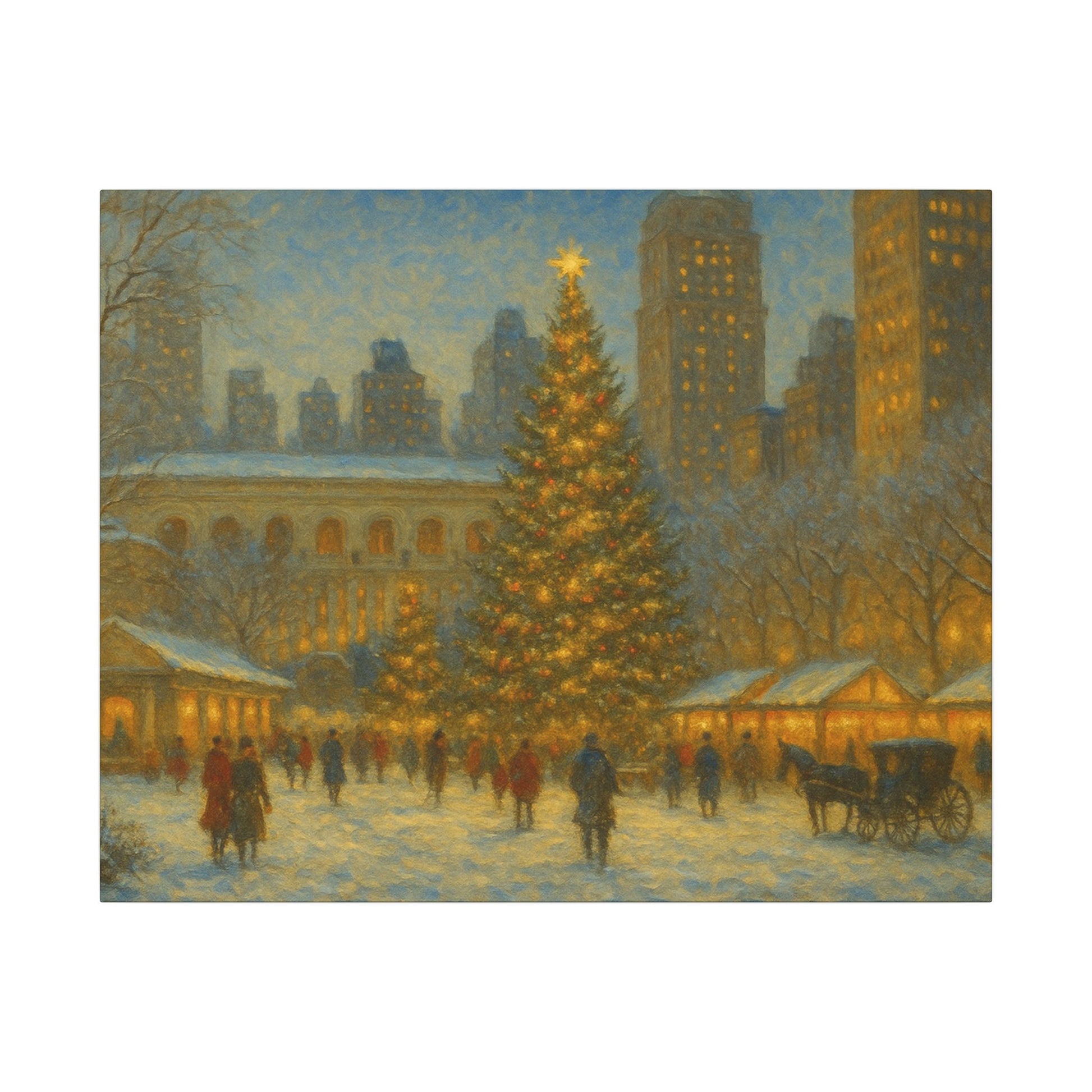 Winter scene with a large Christmas tree in an urban setting, people walking around, and a horse-drawn carriage.