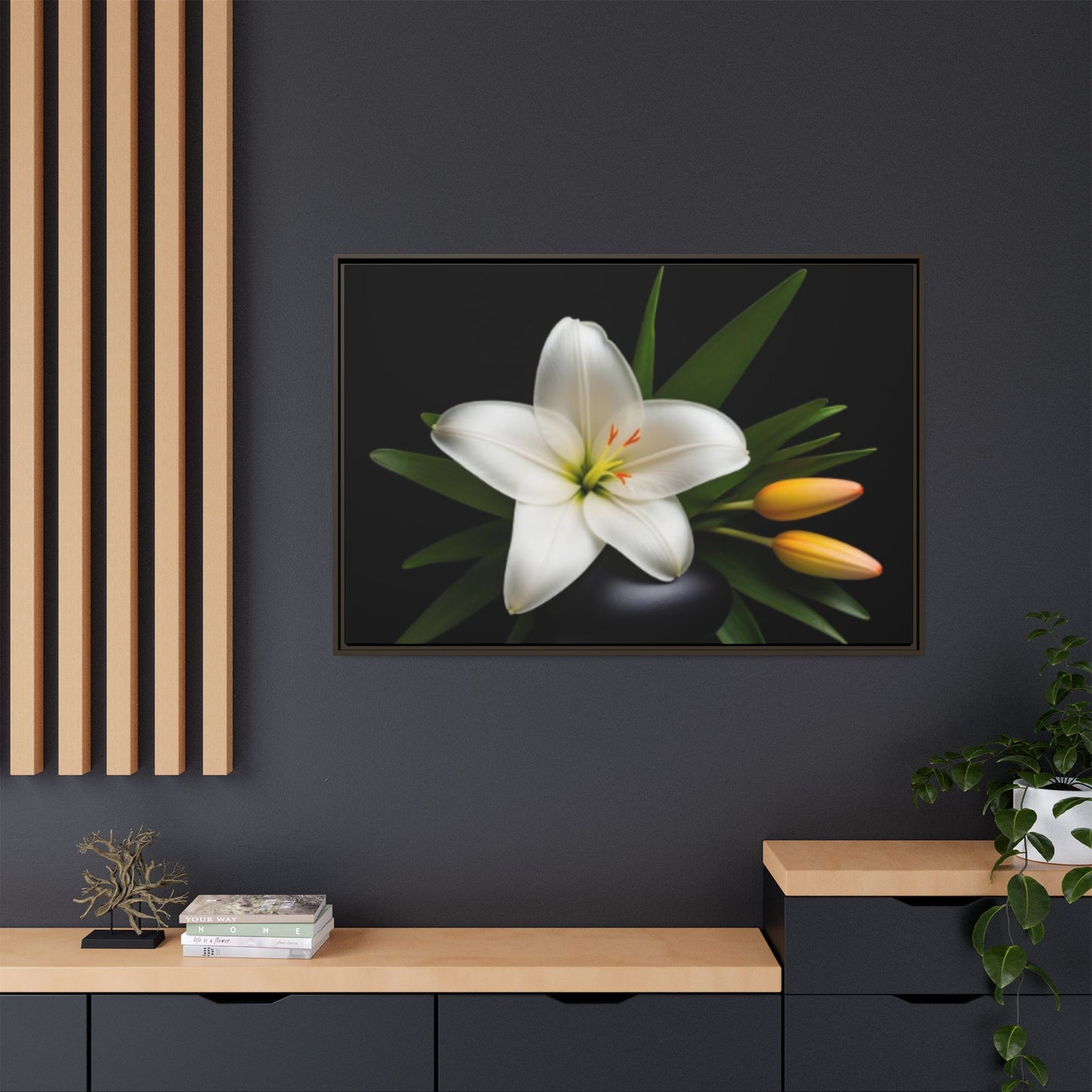 White Lily Wall Art Canvas Print Framed | Elegant Floral Wall Decor for Bedroom, Living Room, Bathroom