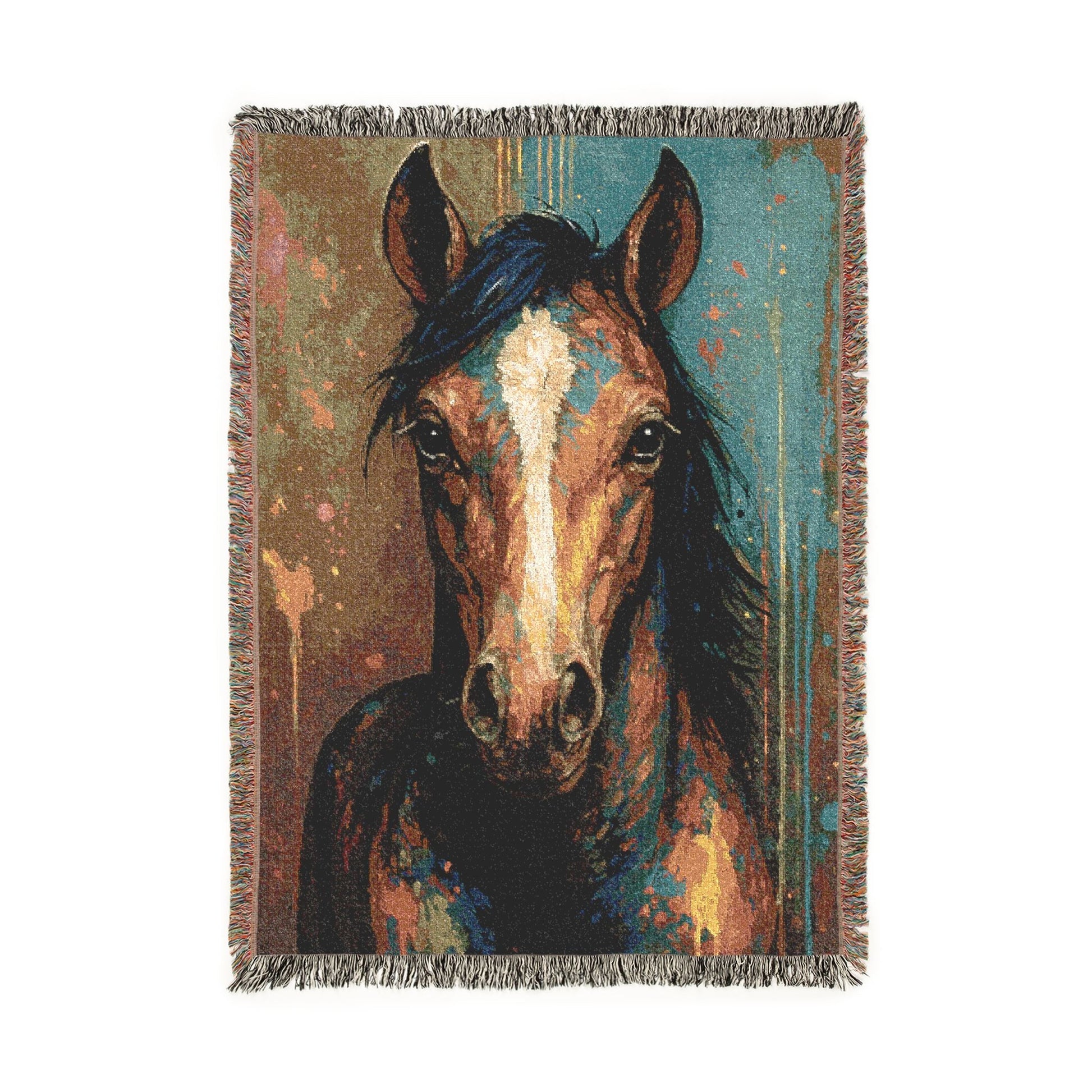 Woven blanket with a horse design on a white background