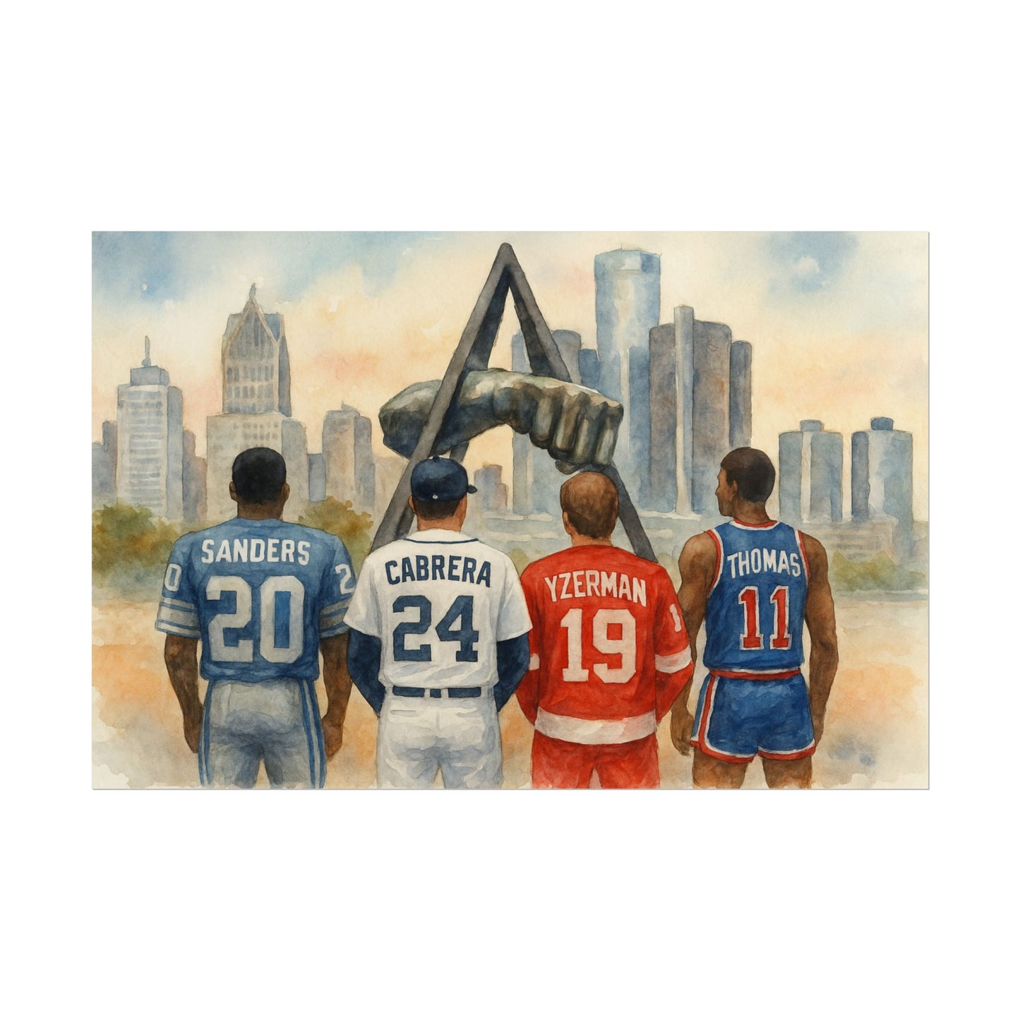 Detroit sports legends in sports jerseys, standing in front of a cityscape with a large fist sculpture.