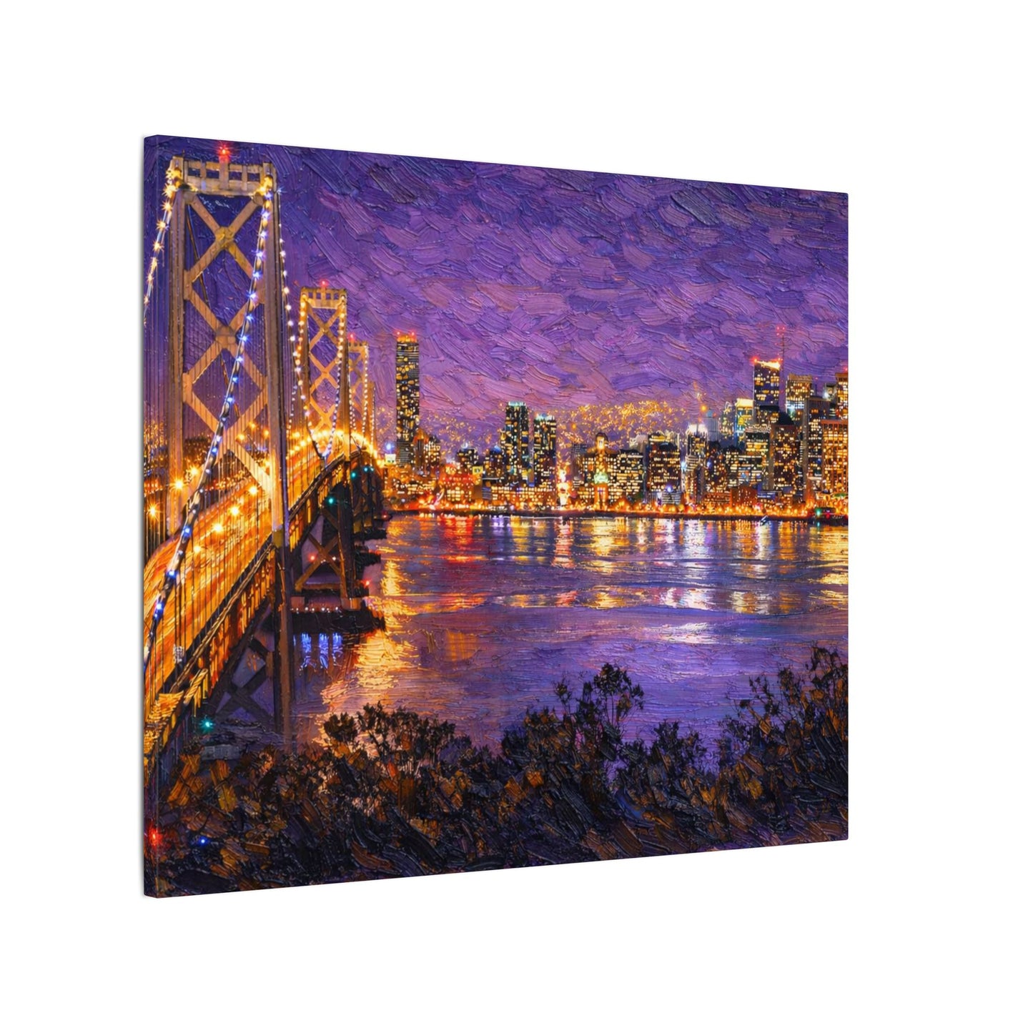 San Francisco Skyline Canvas Wall Art, Bay Bridge Night Painting, Impasto Style Artwork