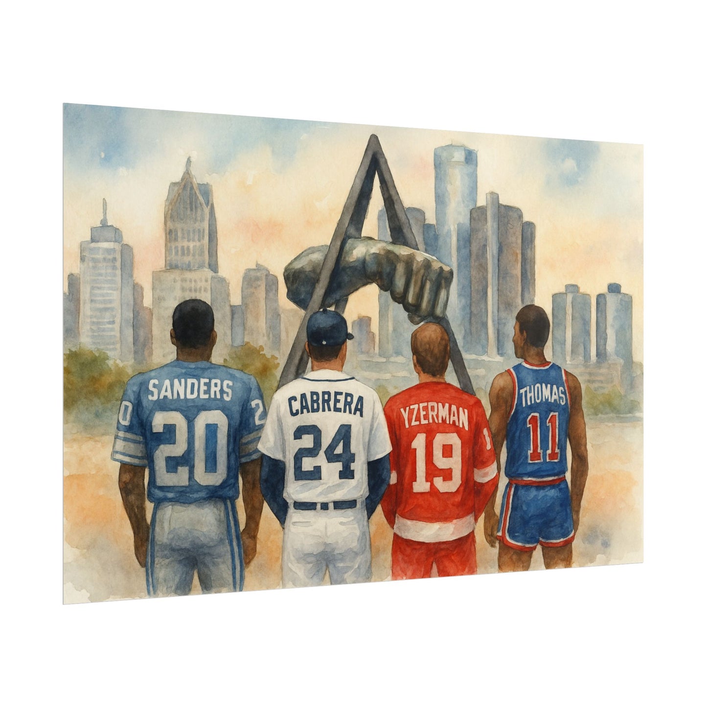 Four athletes in sports jerseys with a cityscape background