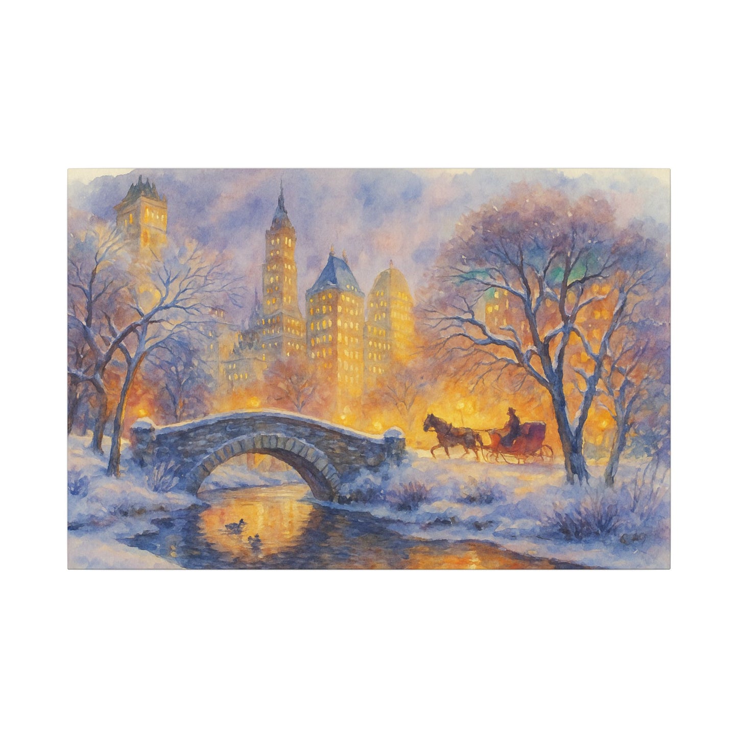 Winter scene with a horse-drawn carriage, bridge, and illuminated buildings.