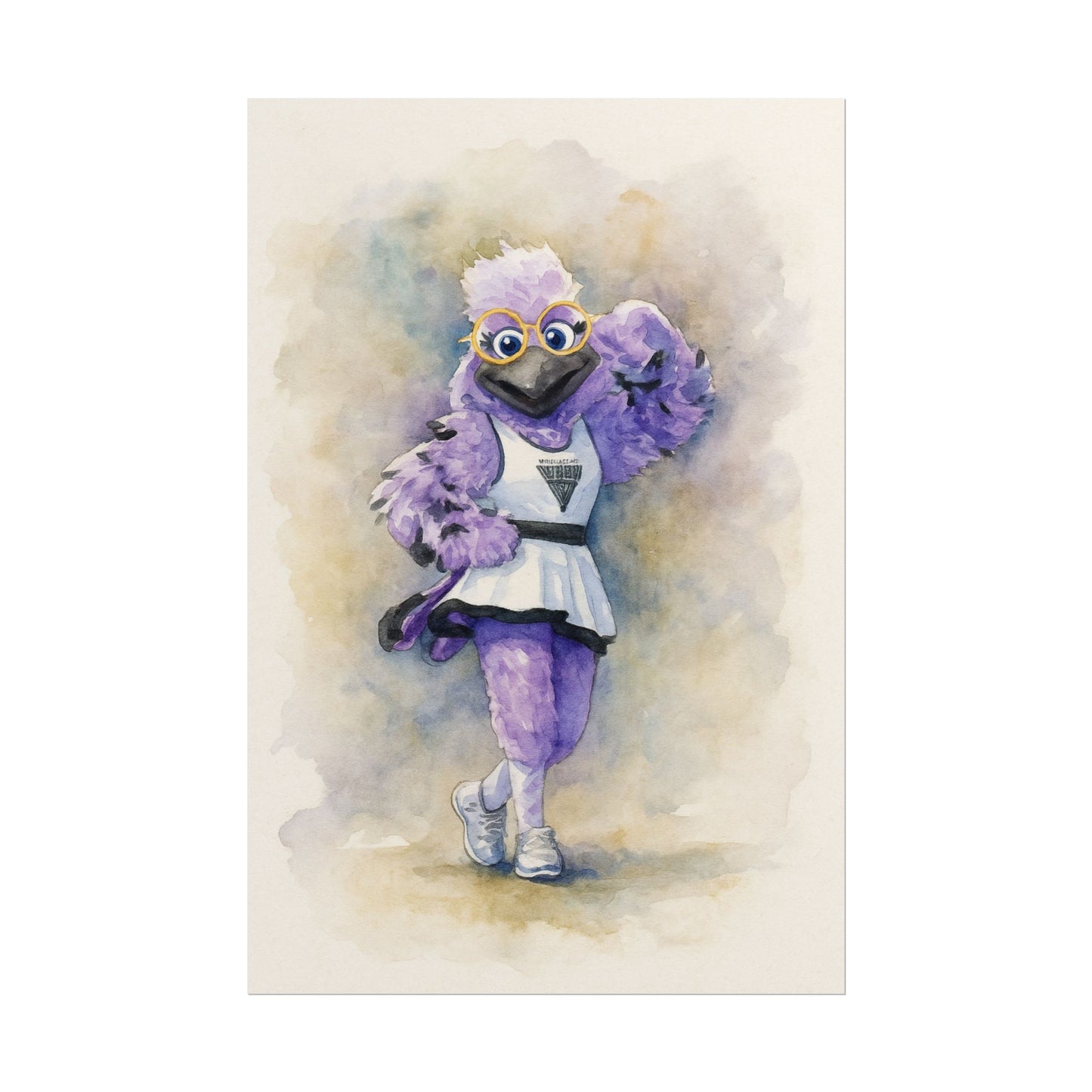 Violet Raven  mascot with glasses and a white outfit on a watercolor background