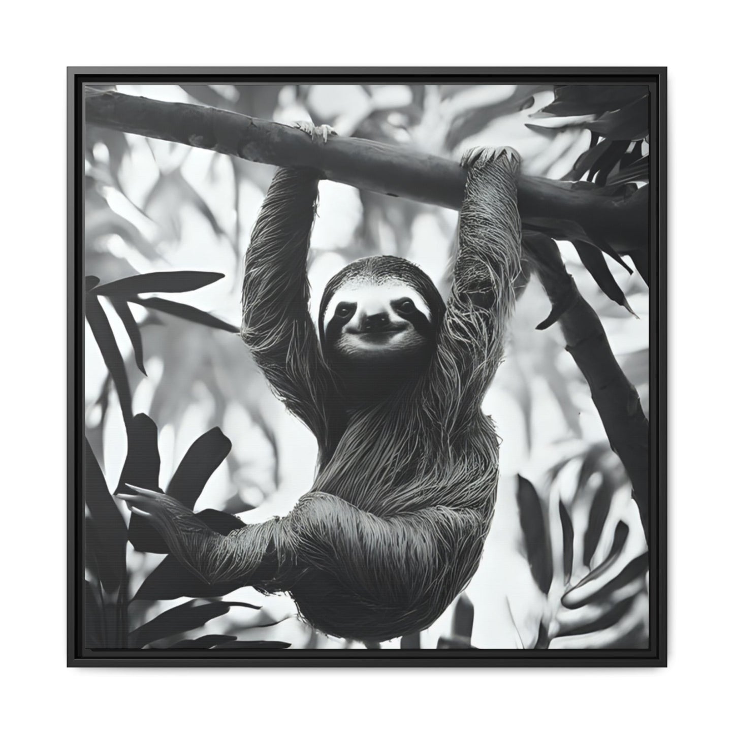 Playful Sloth Hanging from Tree Branch Black & White Animal Wall Art, Cute Sloth Photography Print, Jungle Theme Home Deco