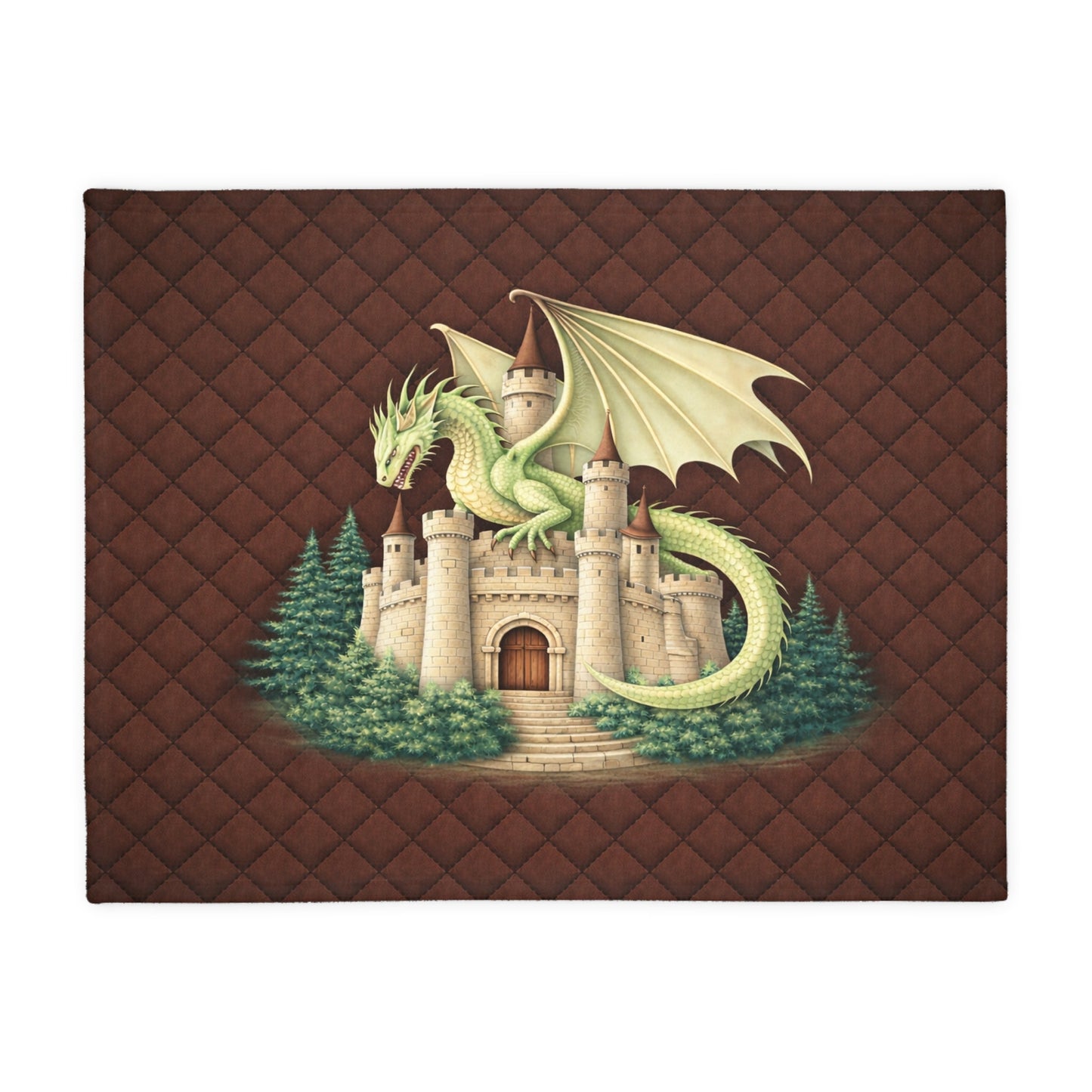 Quilt with a dragon design on a castle and trees against a brown quilted background
