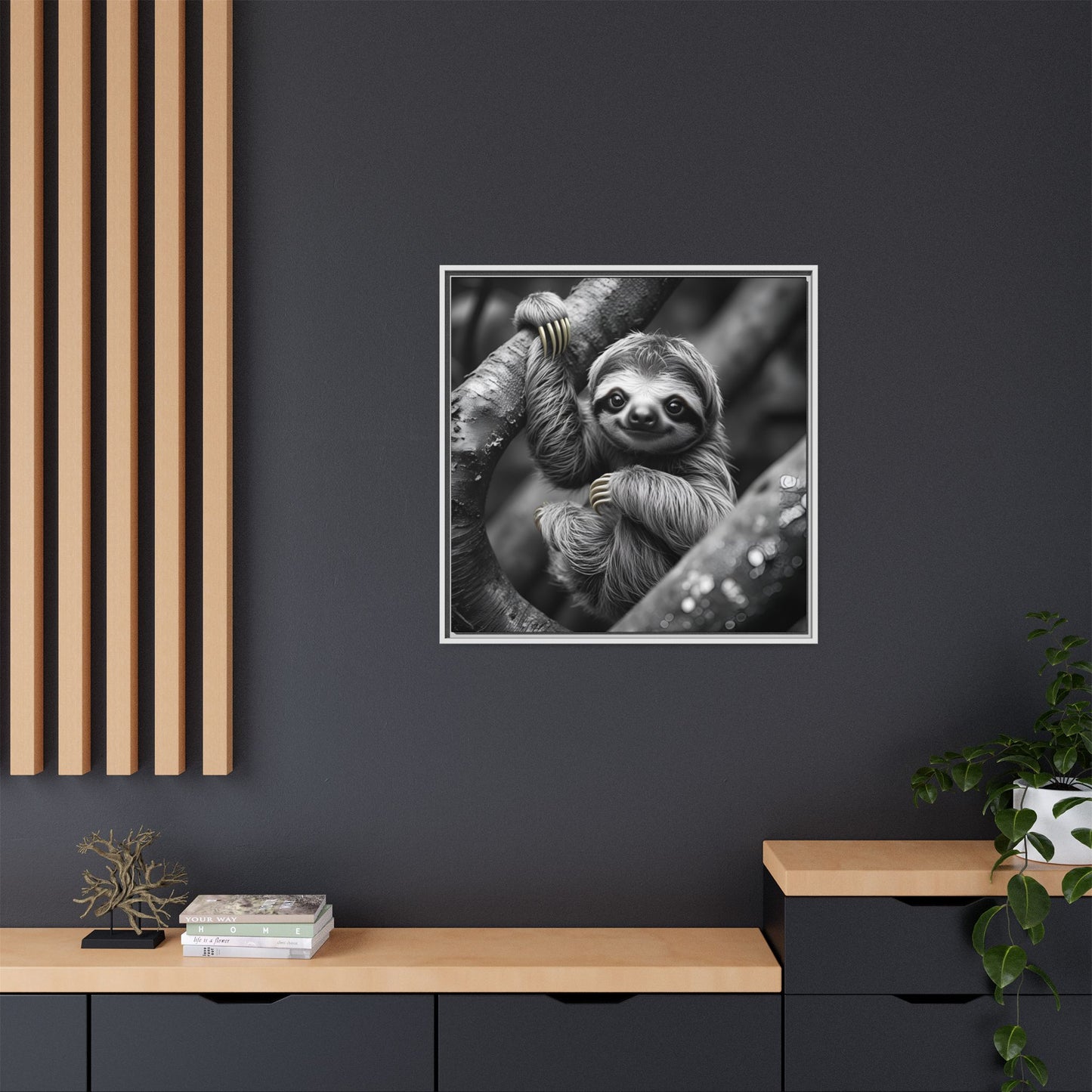 Smiling Sloth Hanging on Tree Branch Wall Art on Framed Canvas, Sloth Lover Gift, Nursery Decor, Wildlife Artwork