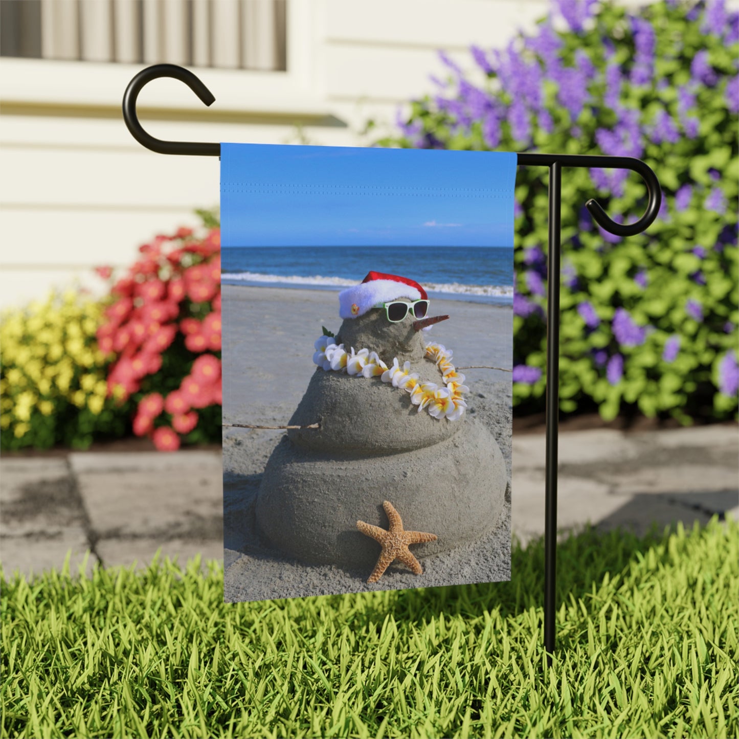 Sand Castle Snowman Garden Flag, Coastal Holiday Decorations, Seaside Holiday Decor