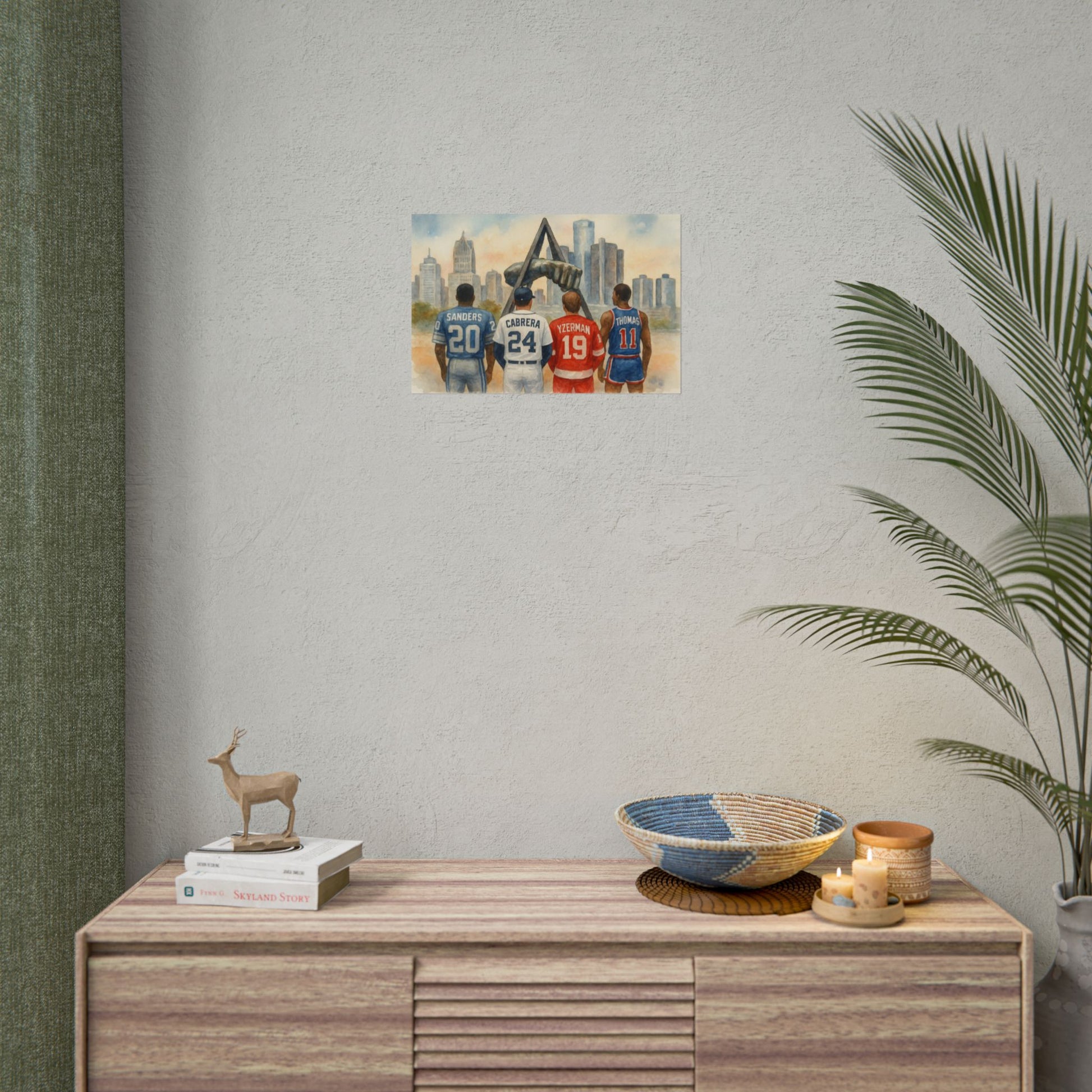 Wall art of sports players on a cityscape above a wooden console table with decorative items.