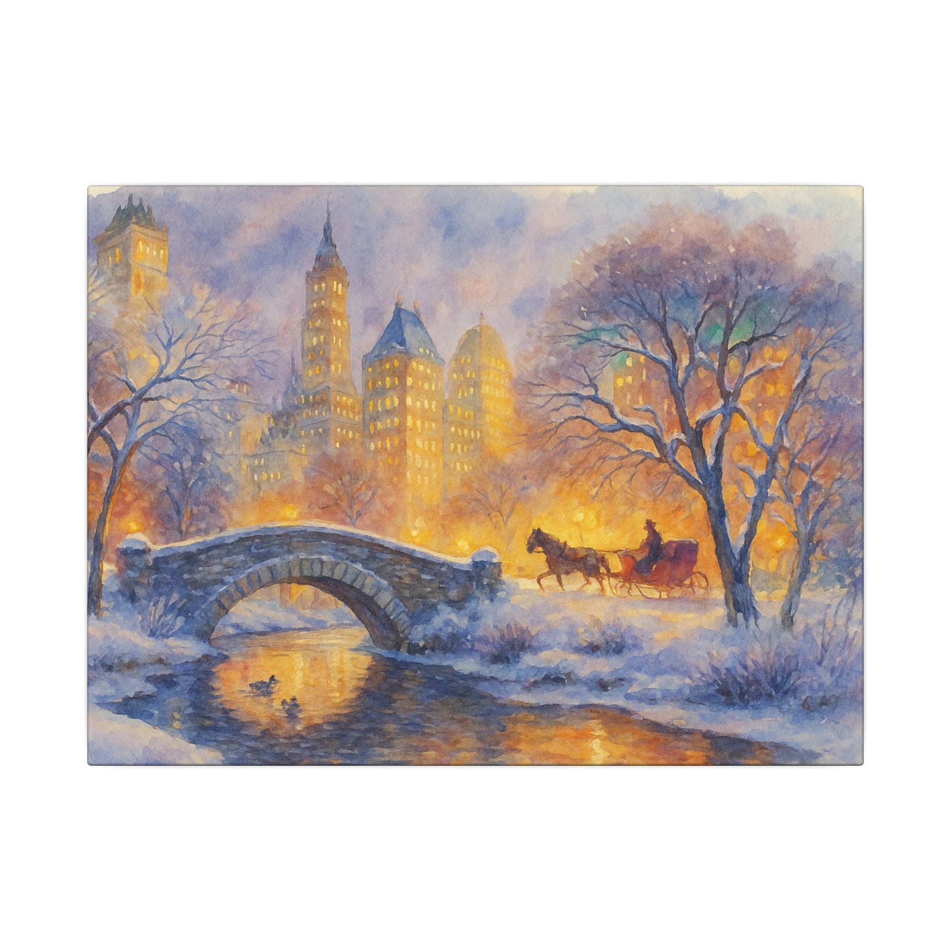 Winter scene with a bridge, horse-drawn carriage, and city skyline.