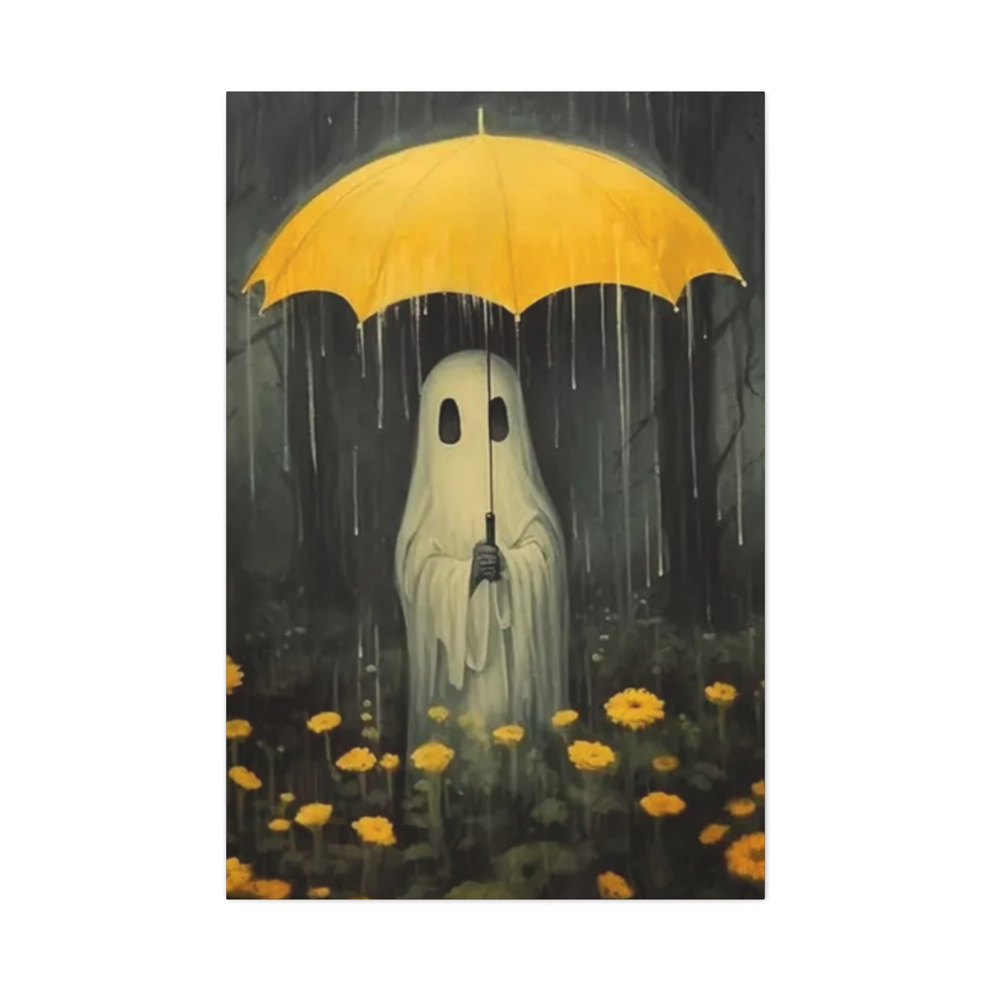 Ghost holding a yellow umbrella in a rain-soaked forest with yellow flowers