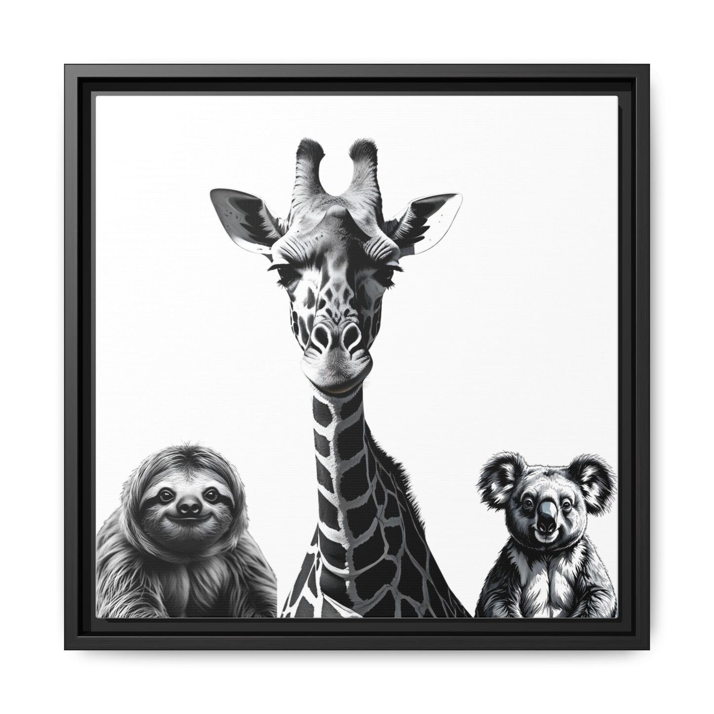 framed playful animal giraffe, sloth, koala print