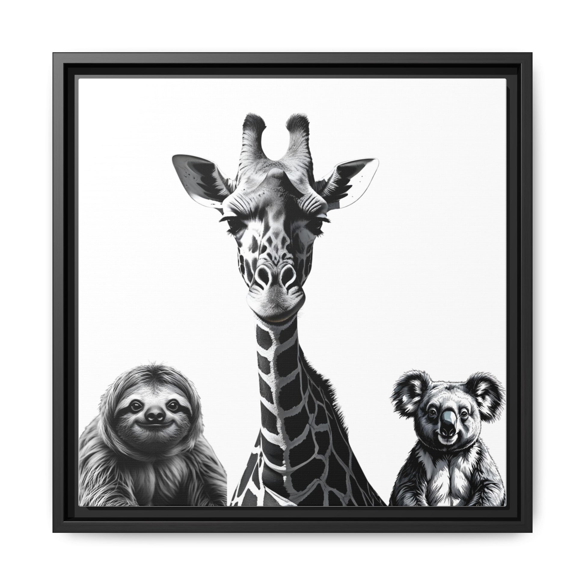 framed playful animal giraffe, sloth, koala print