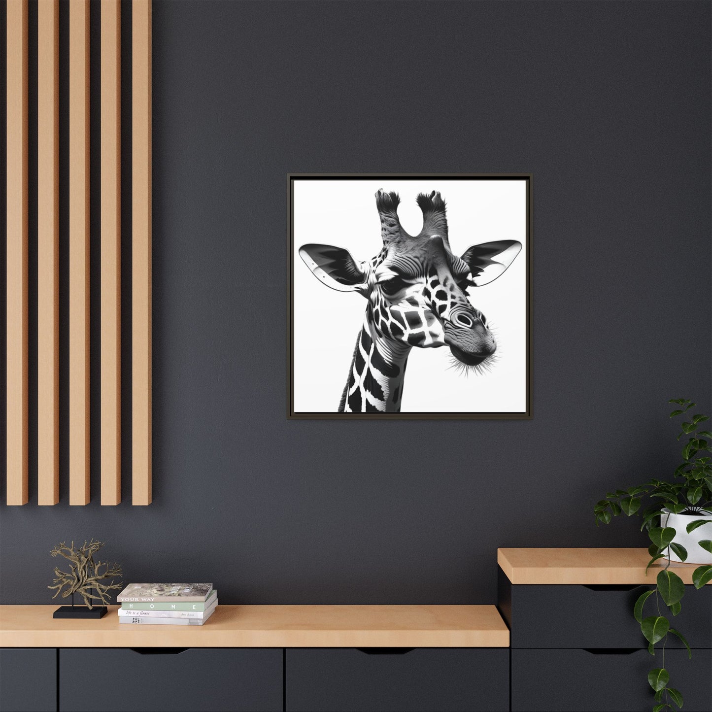 Black and White Giraffe Wall Art – Framed Safari Animal Canvas Print