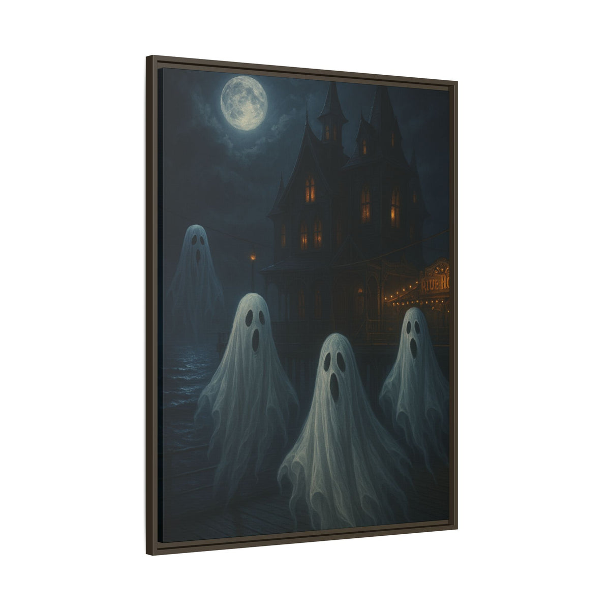 Haunted House Ghost Canvas Wall Art – Spooky Halloween Framed Art, Vintage Horror Decor, Gothic Night Scene Print