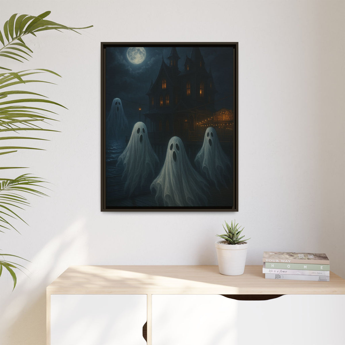 Haunted House Ghost Canvas Wall Art – Spooky Halloween Framed Art, Vintage Horror Decor, Gothic Night Scene Print