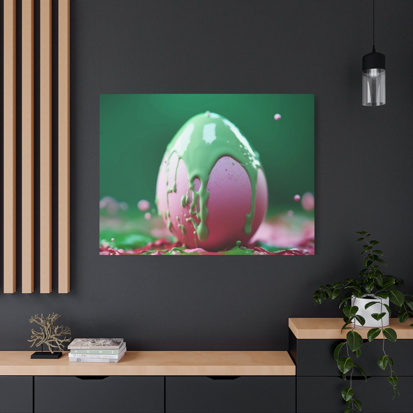 Canvas Wall or Mantle Art Pink Easter Egg with Green Paint Spring Home Decor