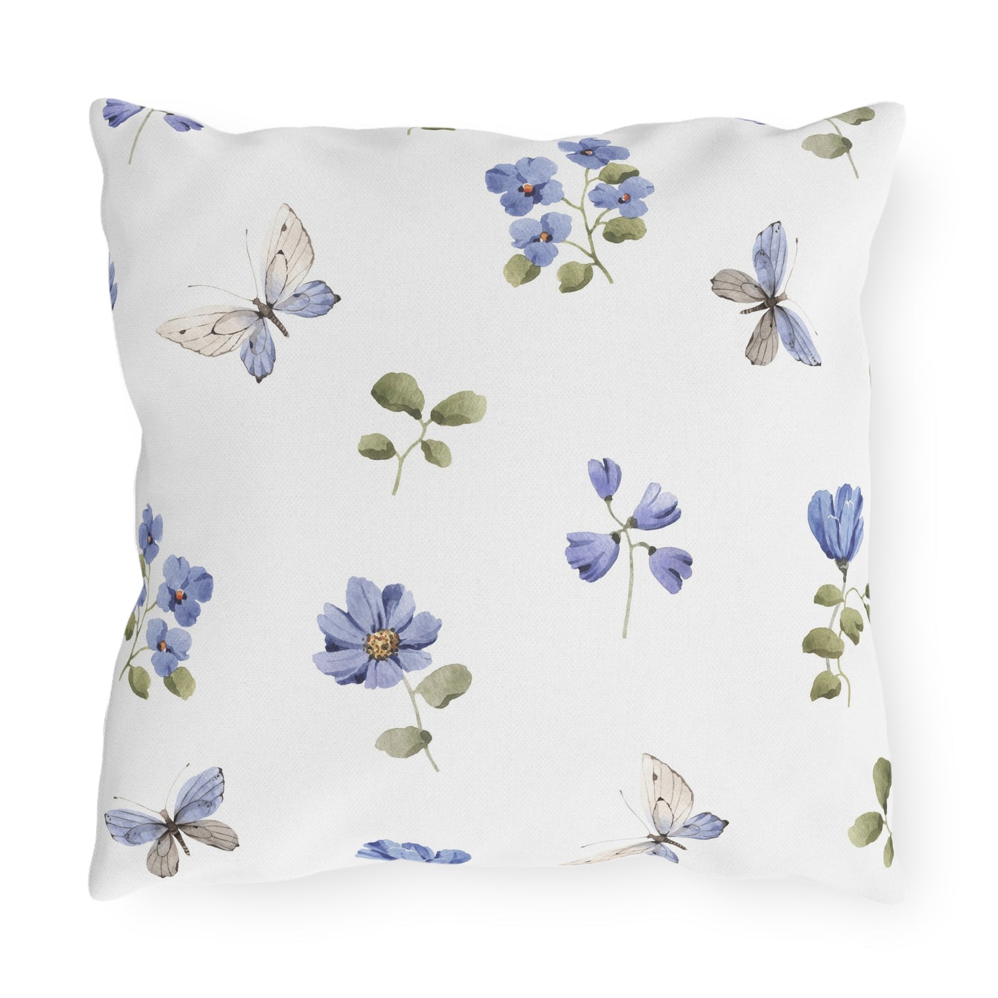 Butterfly & Blue Flower Outdoor Throw Pillow | Spring Garden Patio Cushion