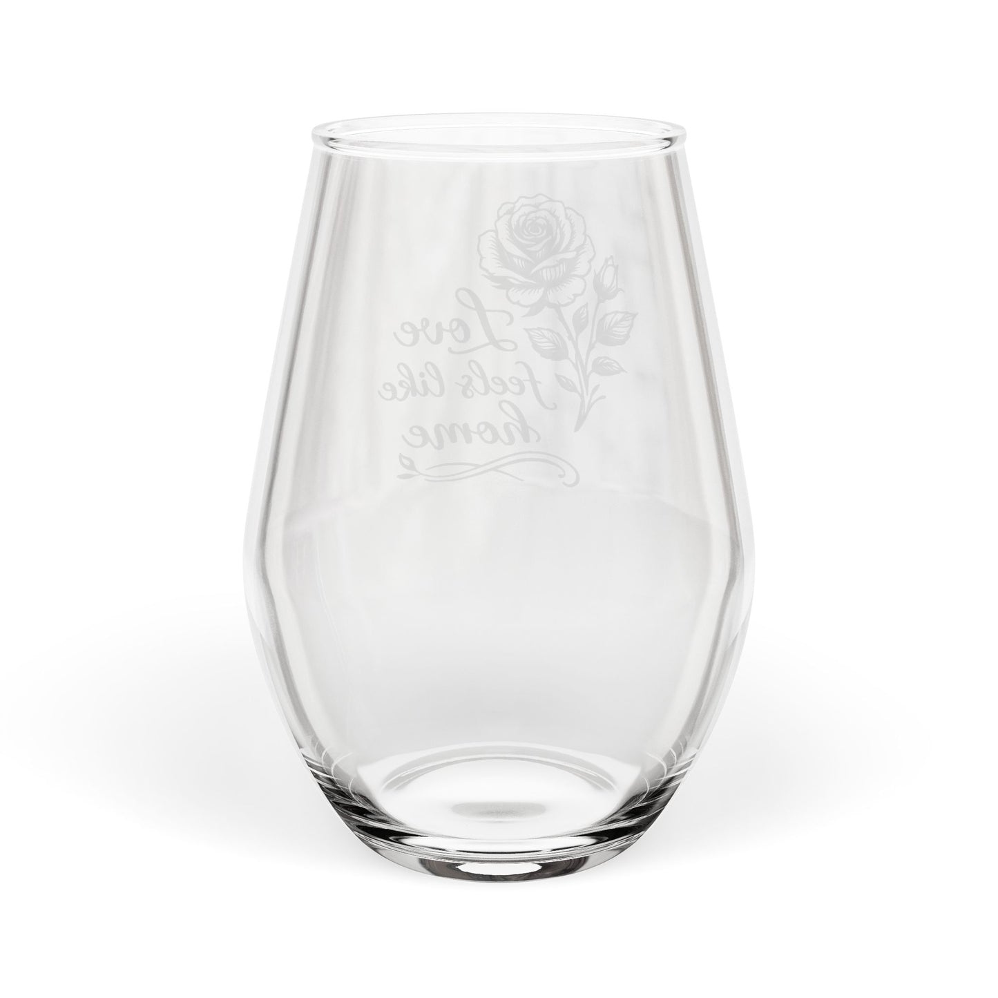 Love Feels Like Home Rose Stemless Wine Glass – Romantic Floral Gift, 11.75oz