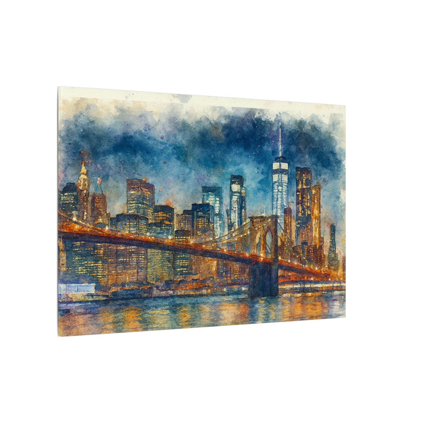 NYC Skyline Watercolor Art Print, Brooklyn Bridge Night Painting, New York City Wall Decor, Skyline Canvas Print, Urban Landscape