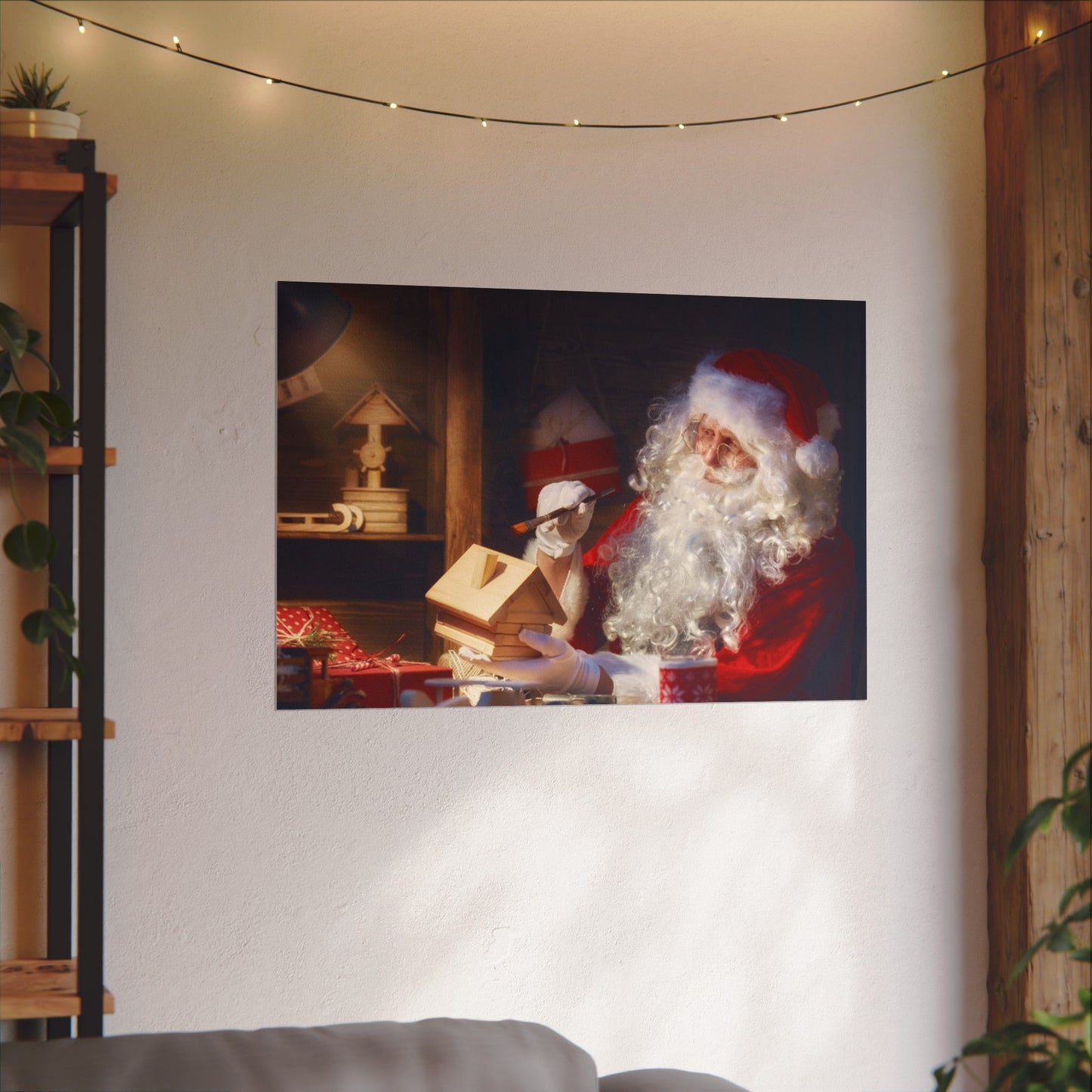 Santa's Workshop Poster, Christmas Wall Art of Santa Making Toys, Vintage Holiday Print, Santa Claus in Toy Shop, Festive Christmas Poster