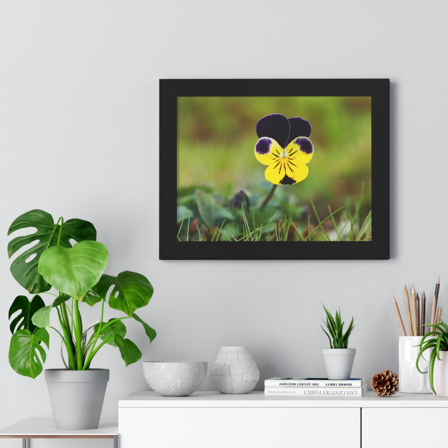 Framed Purple & Yellow Pansy Wall Art Poster | Botanical Floral Wall Decor