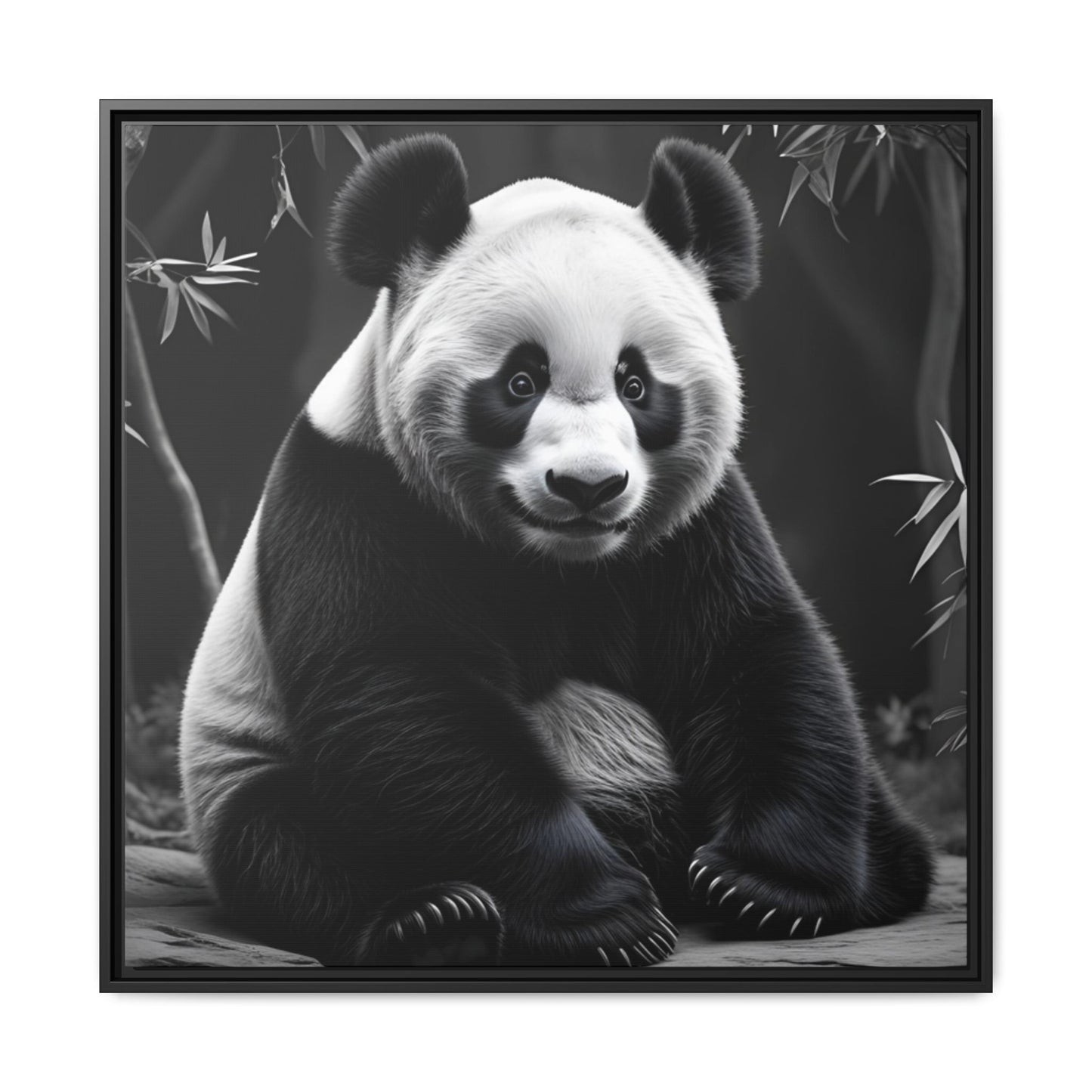 Black and white panda bear sitting on a branch with bamboo leaves in the background
