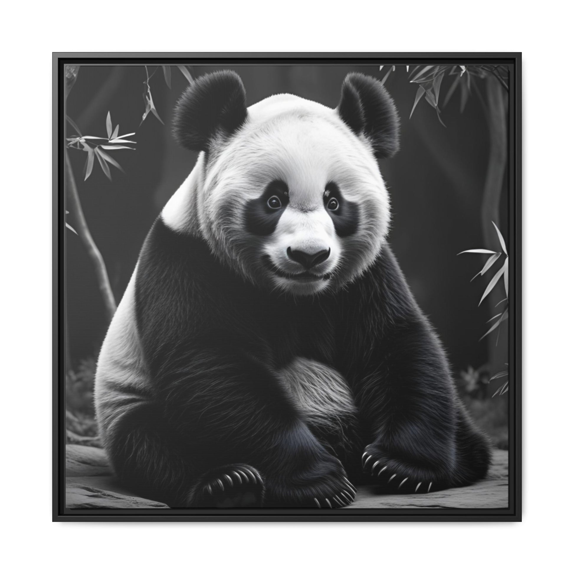 Black and white panda bear sitting on a branch with bamboo leaves in the background