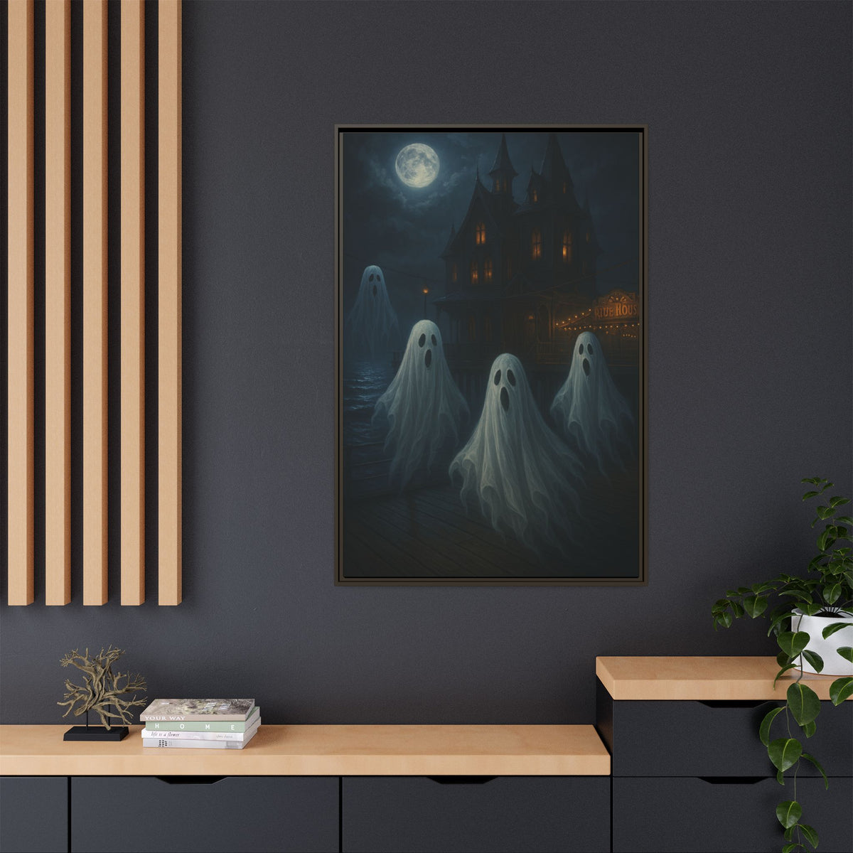 Haunted House Ghost Canvas Wall Art – Spooky Halloween Framed Art, Vintage Horror Decor, Gothic Night Scene Print