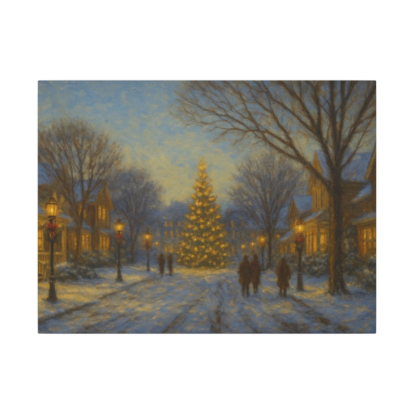 Winter scene with a decorated Christmas tree in a snowy village street.
