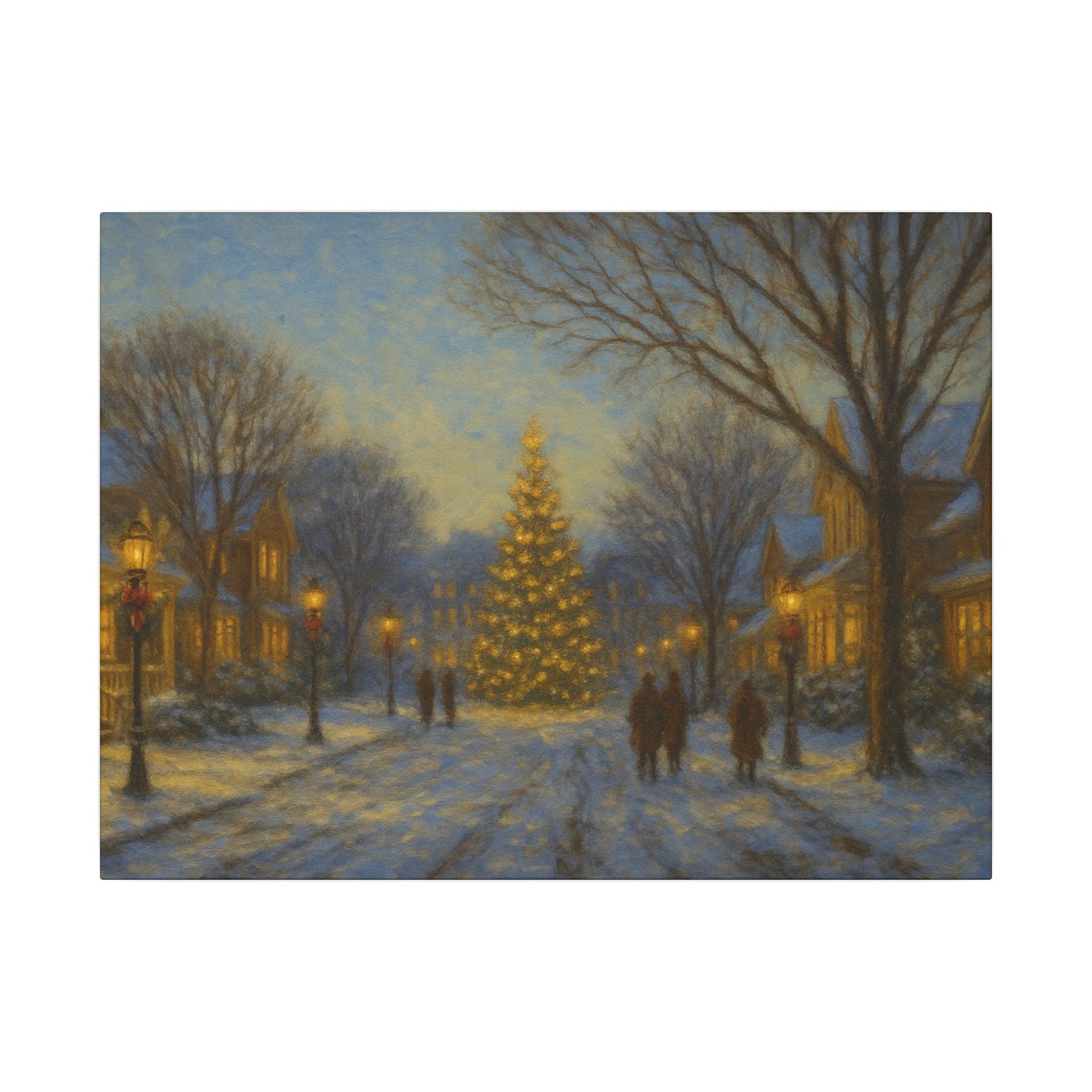 Winter scene with a decorated Christmas tree in a snowy village street.