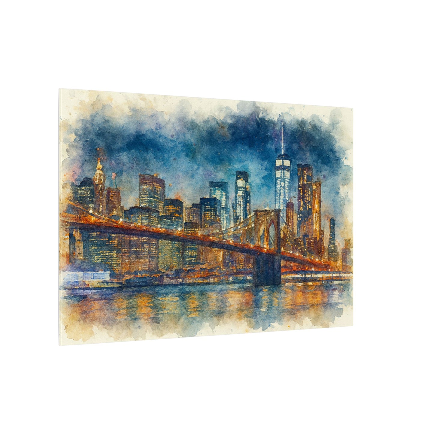NYC Skyline Watercolor Art Print, Brooklyn Bridge Night Painting, New York City Wall Decor, Skyline Canvas Print, Urban Landscape