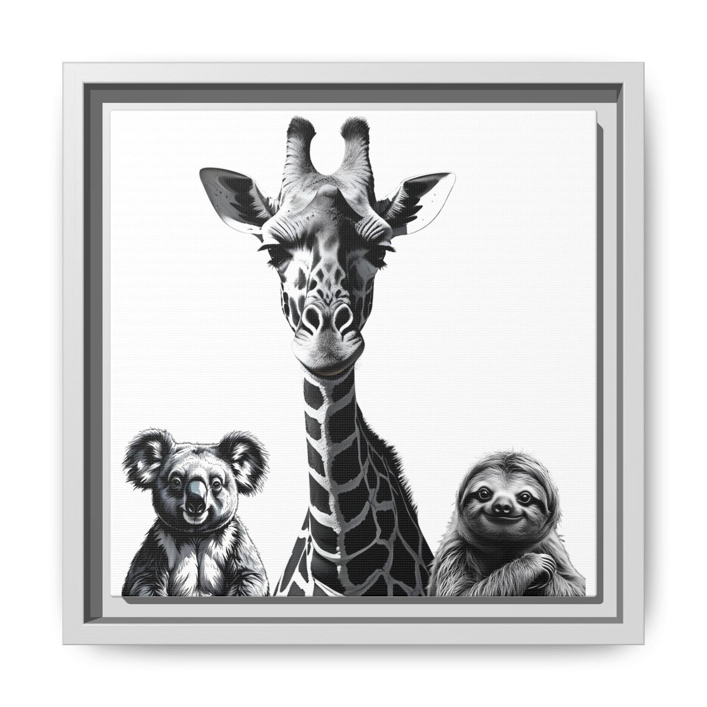 Framed artwork of a giraffe, koala, and sloth in black and white.