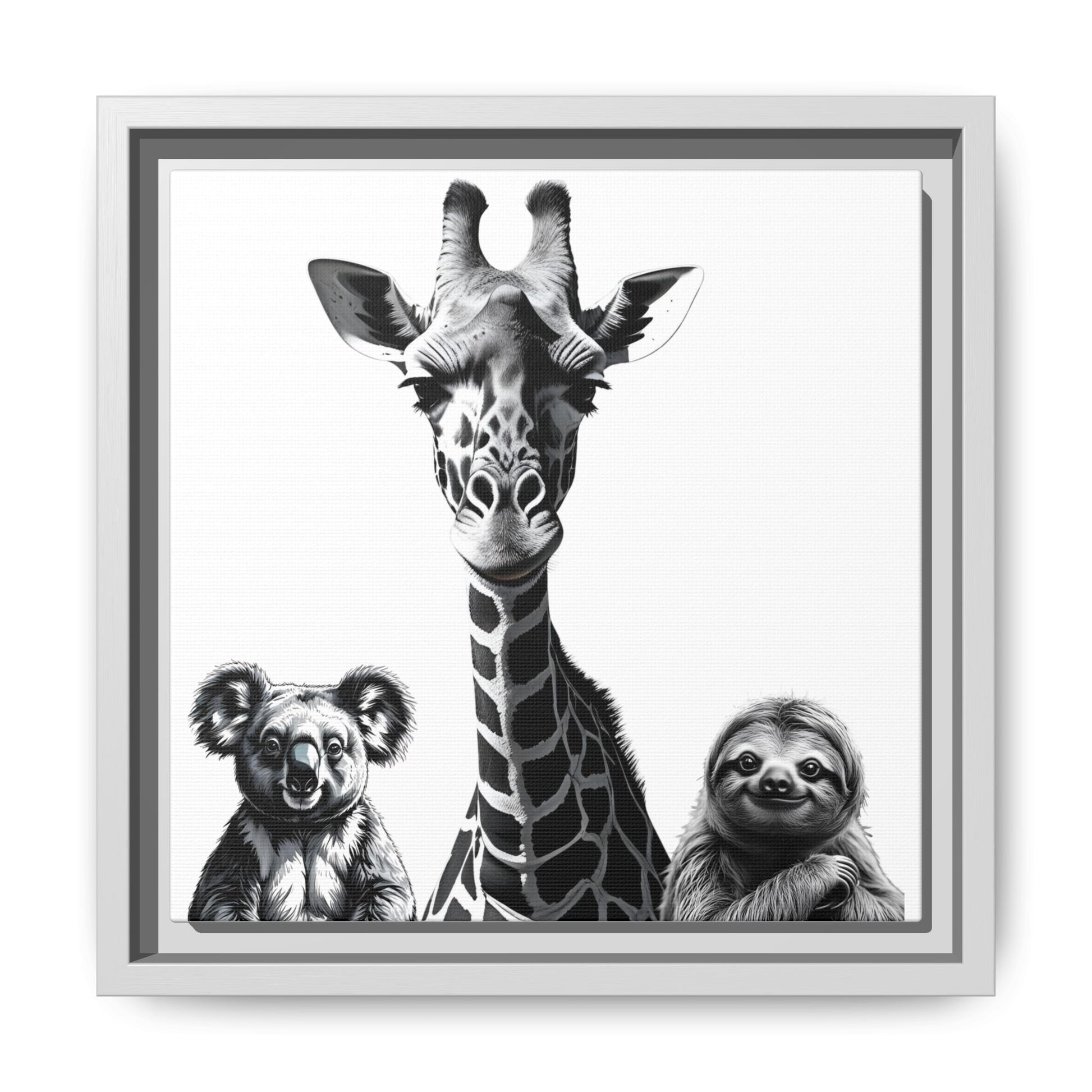 Framed artwork of a giraffe, koala, and sloth in black and white.