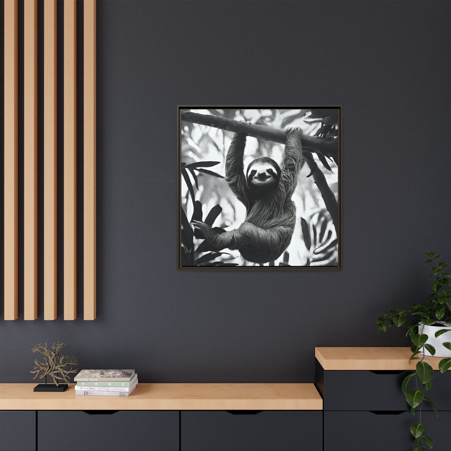 Playful Sloth Hanging from Tree Branch Black & White Animal Wall Art, Cute Sloth Photography Print, Jungle Theme Home Deco