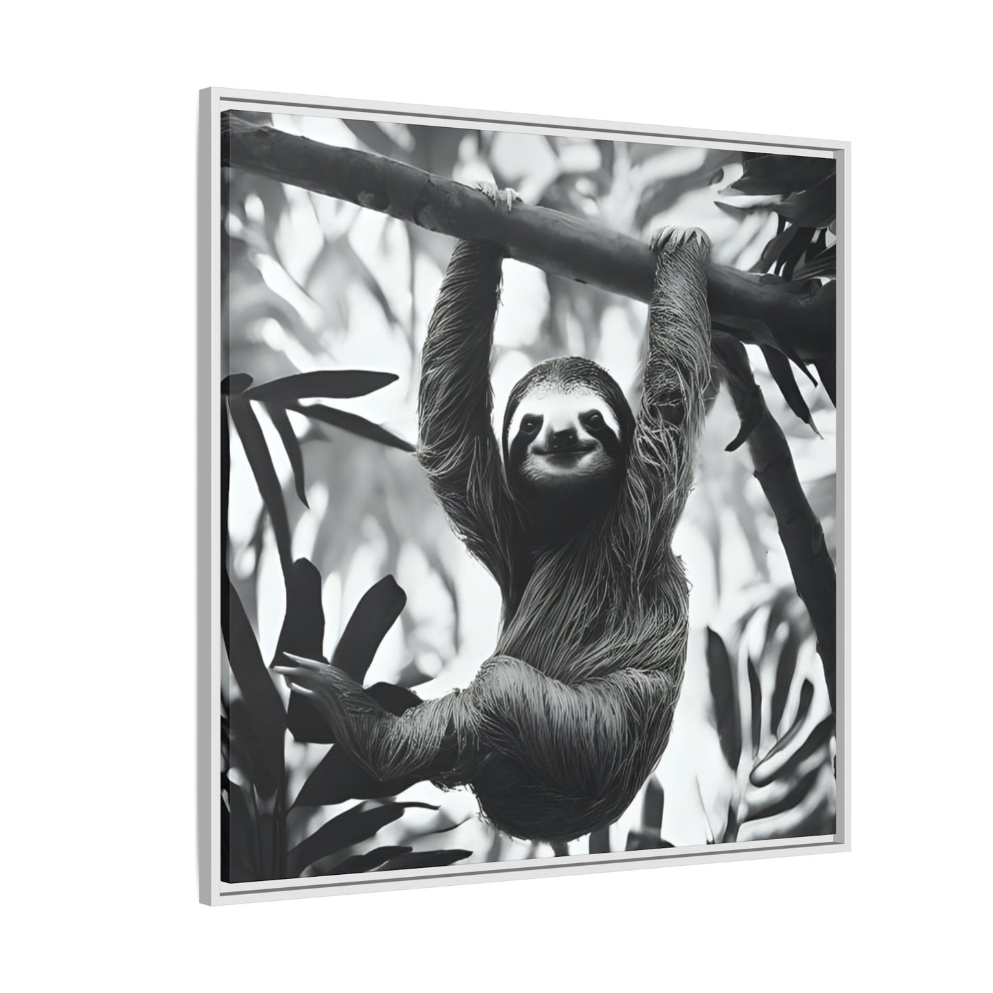 Playful Sloth Hanging from Tree Branch Black & White Animal Wall Art, Cute Sloth Photography Print, Jungle Theme Home Deco