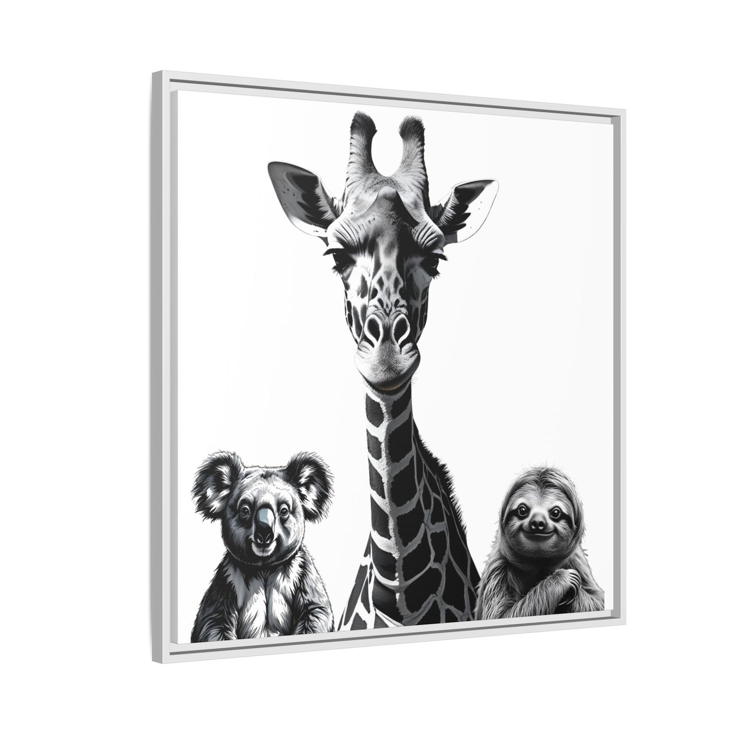 Framed artwork of a giraffe, koala, and sloth on a white background