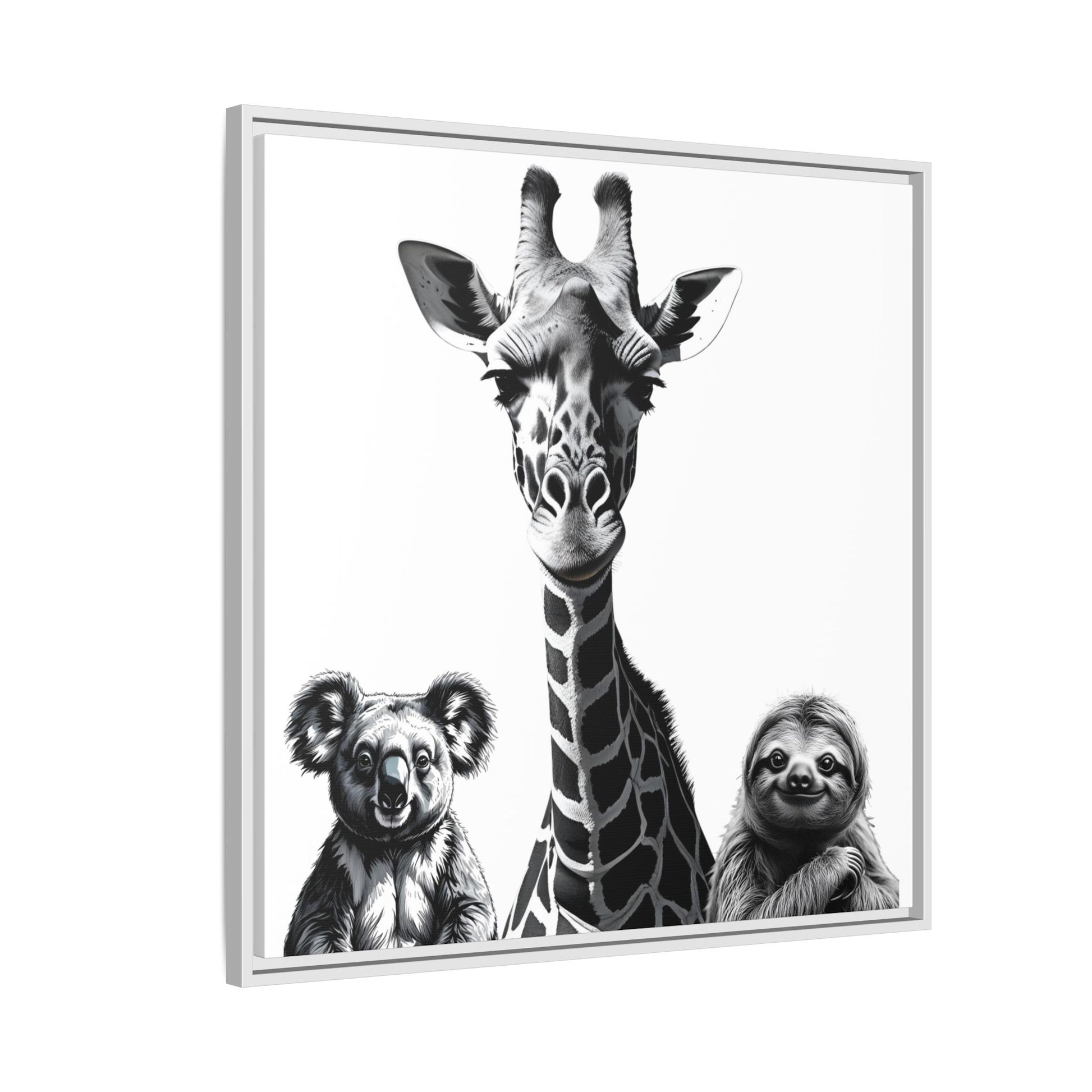 Framed artwork of a giraffe, koala, and sloth on a white background