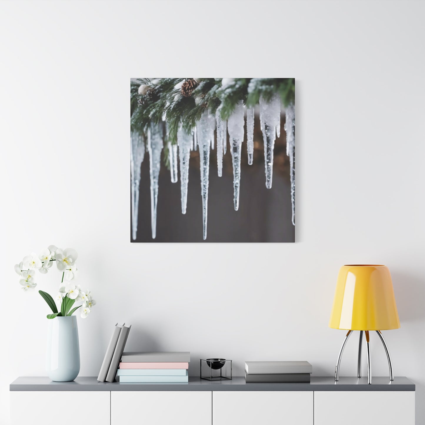 Winter Icicles Pine Branch Canvas Art: Holiday Home Decor, Stretched, 1.25"
