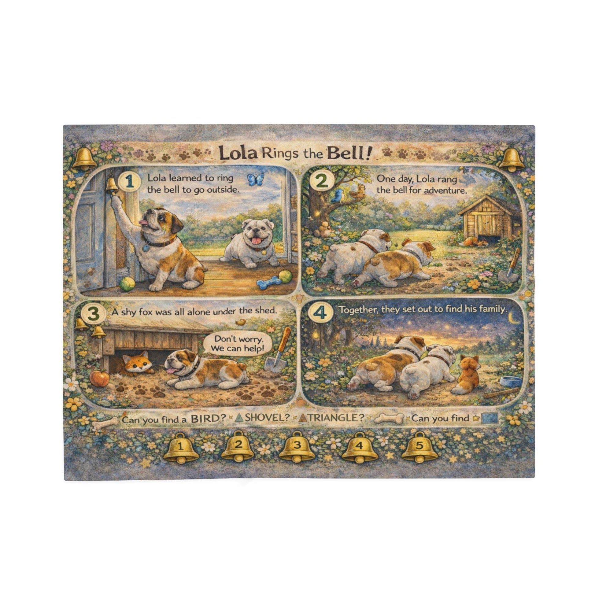 Children's book with illustrations of a dog and puppies on a white background