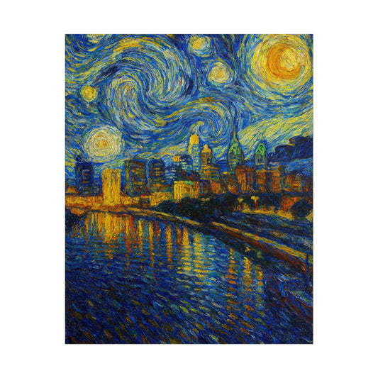 Starry Night over the Rhone painting with swirling night sky and city lights.