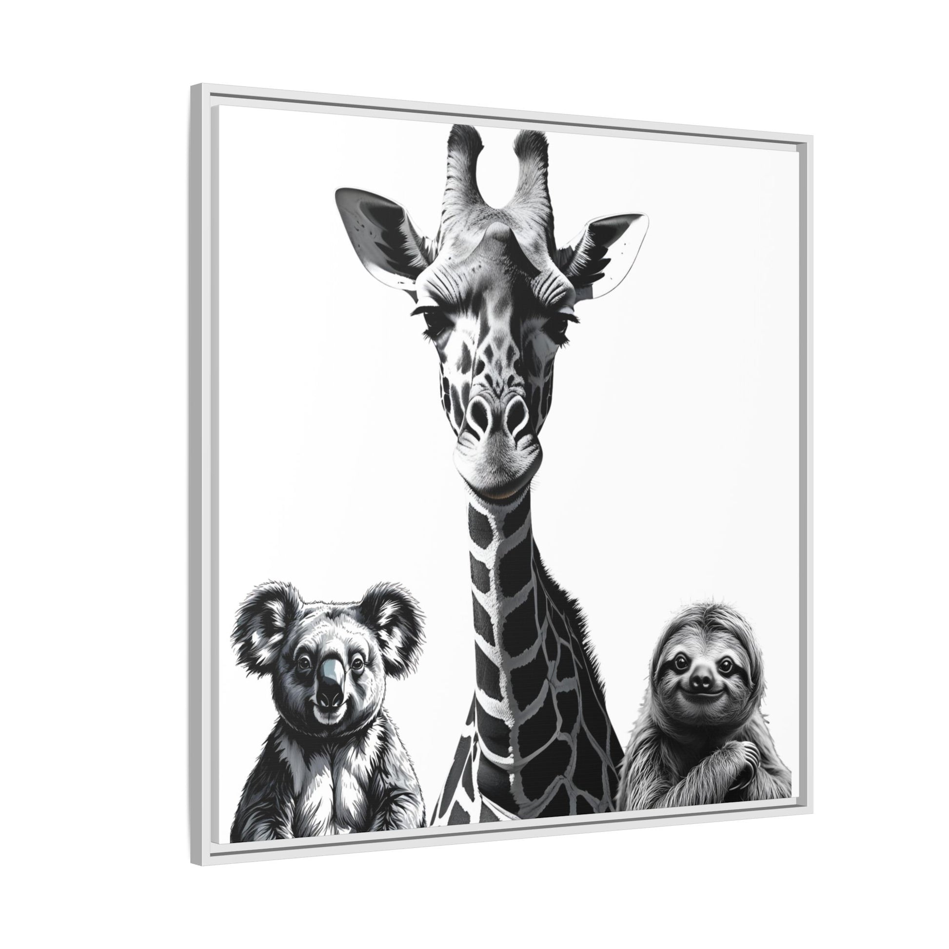 Framed artwork with a giraffe, koala, and sloth illustration on a white background