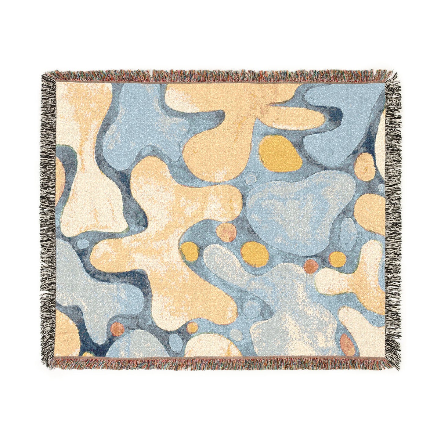 Abstract patterned blanket with blue and beige colors on a white background