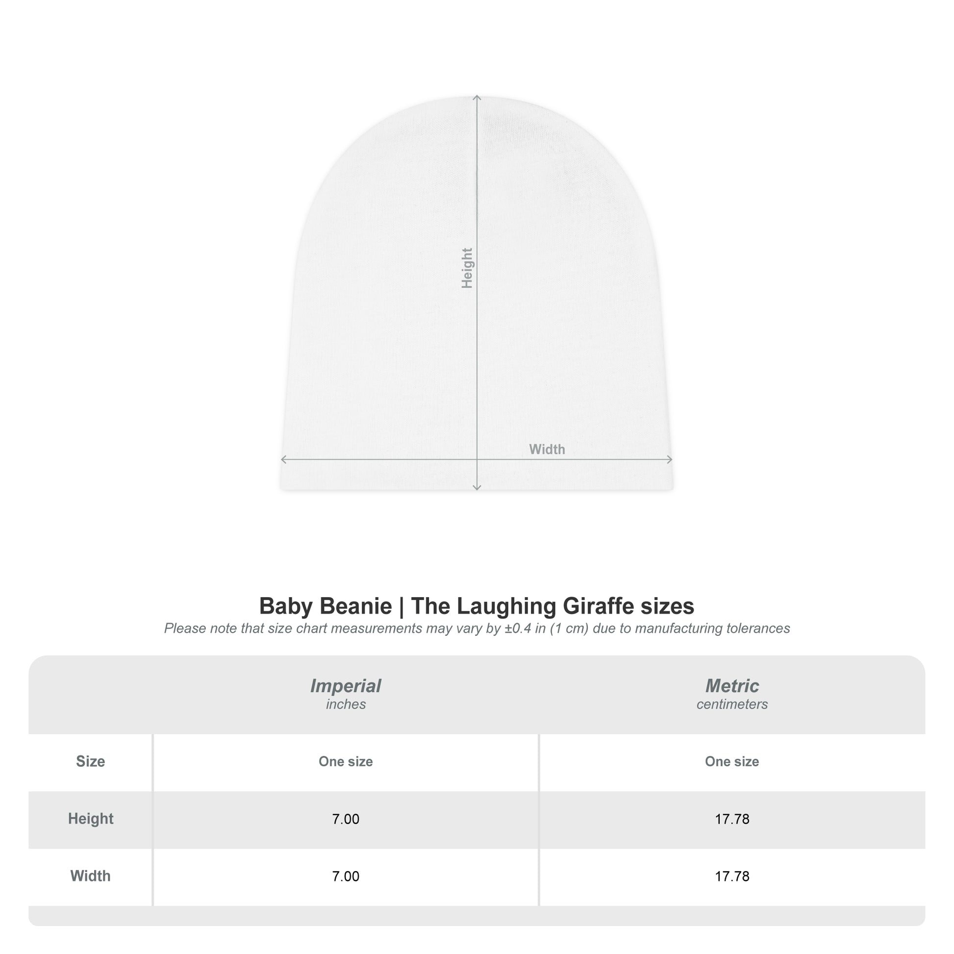 White baby beanie with size chart on a white background