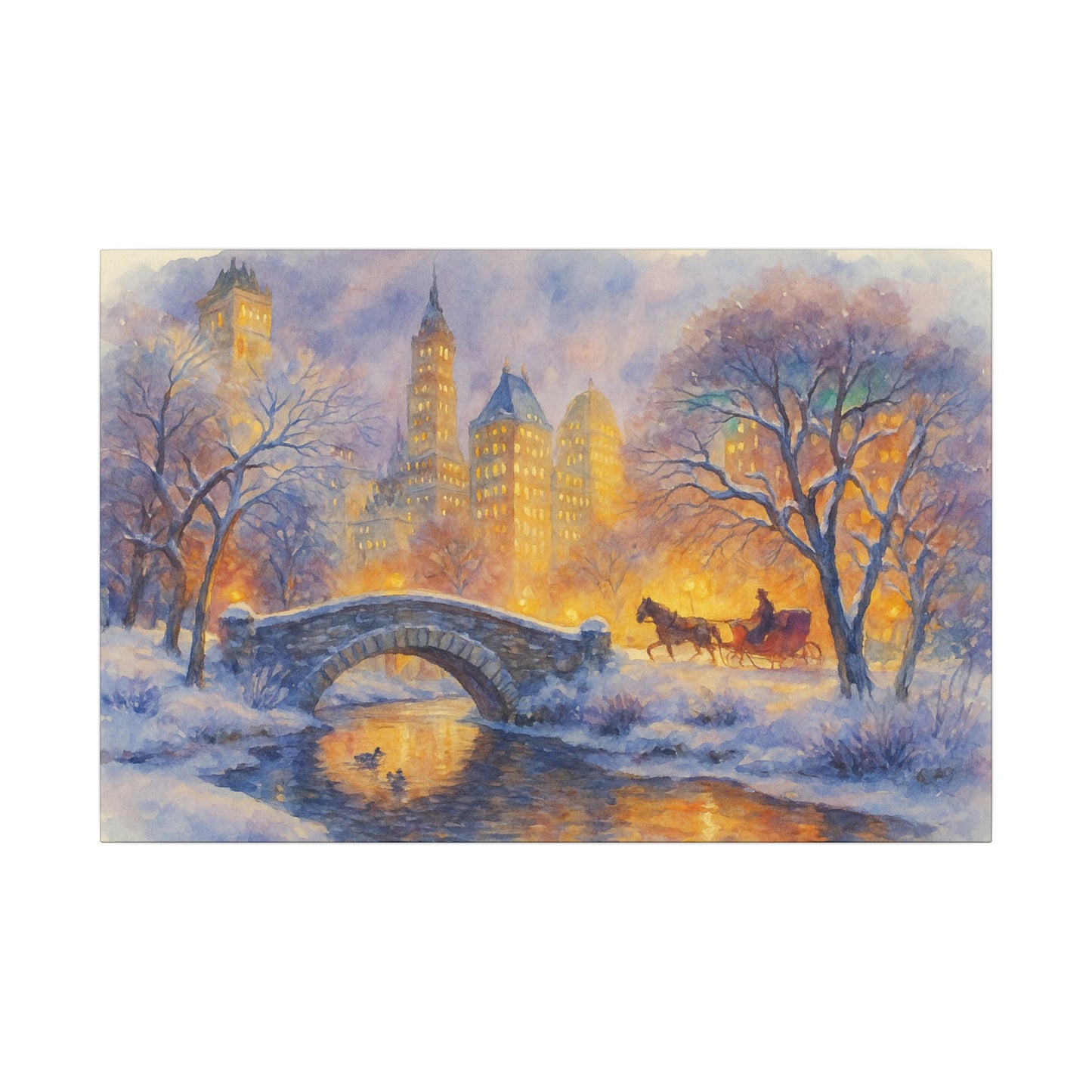 Winter scene with a bridge, horse-drawn carriage, and illuminated buildings.