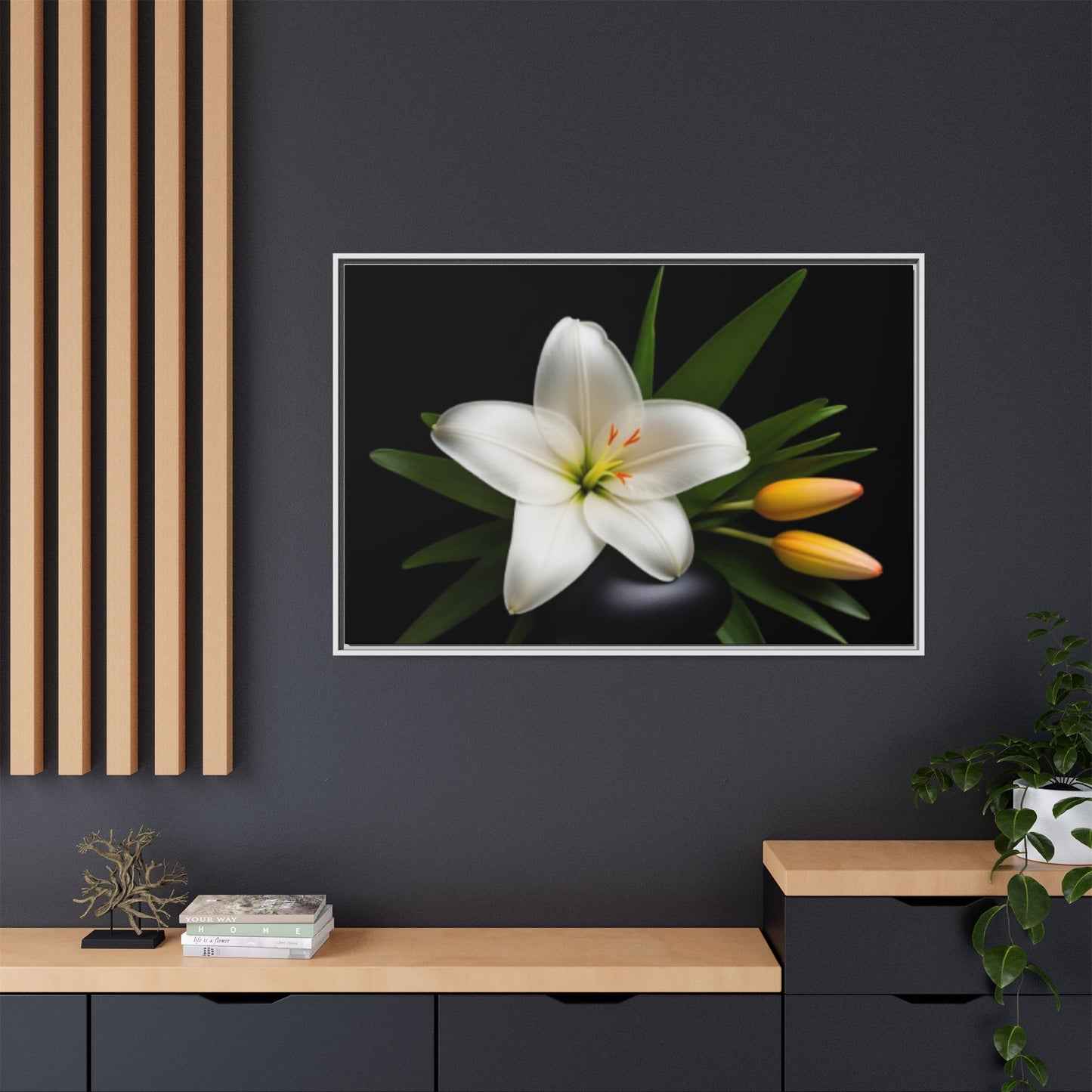 White Lily Wall Art Canvas Print Framed | Elegant Floral Wall Decor for Bedroom, Living Room, Bathroom