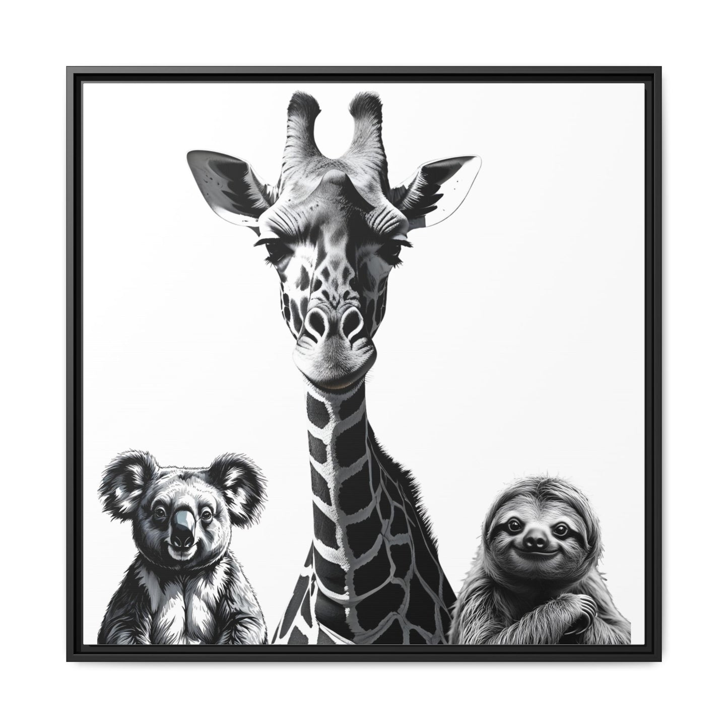 Framed artwork with a giraffe, koala, and sloth illustration.
