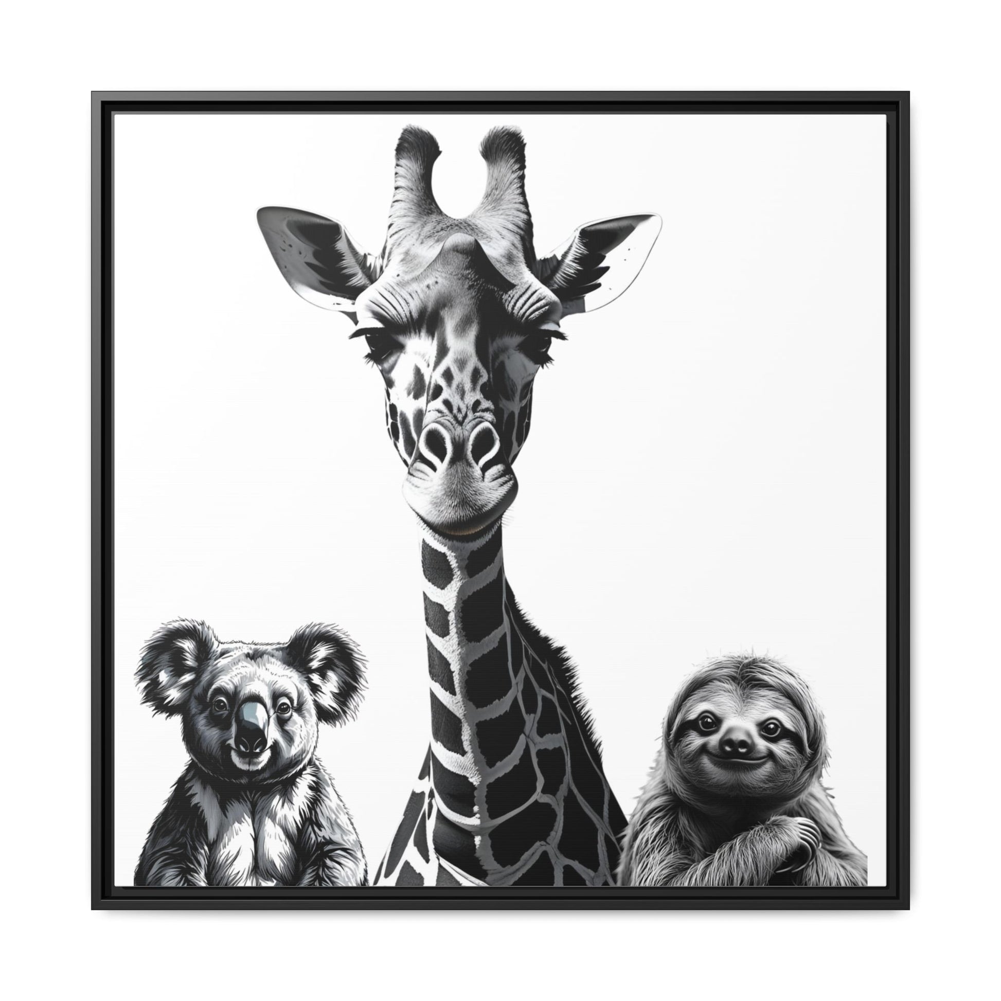 Framed artwork with a giraffe, koala, and sloth illustration.