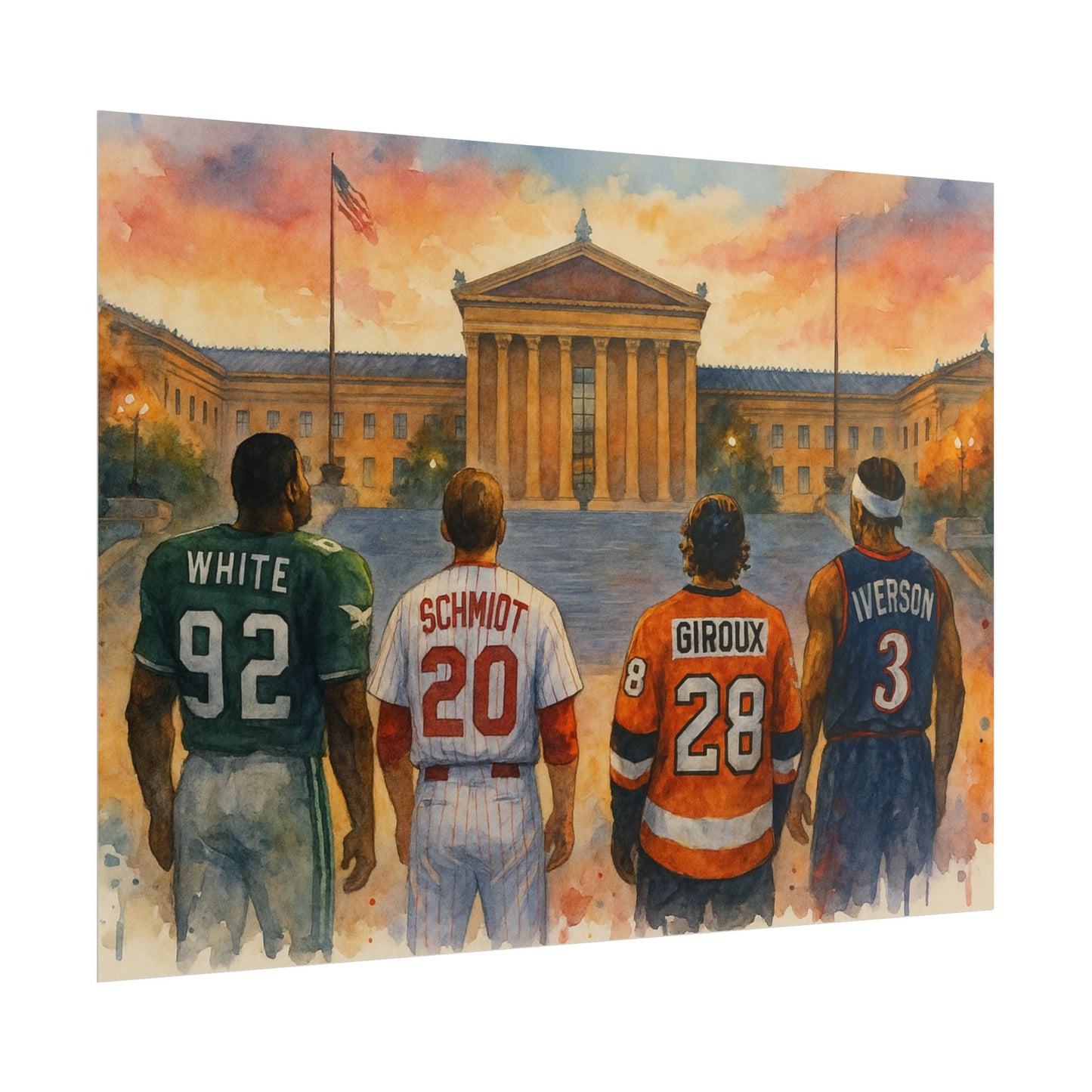 Philadelphia Sports Legends Poster, Sport Fan Art, Philadelphia Museum of Art Watercolor Print, Eagles Phillies Flyers 76ers Eagles Gift