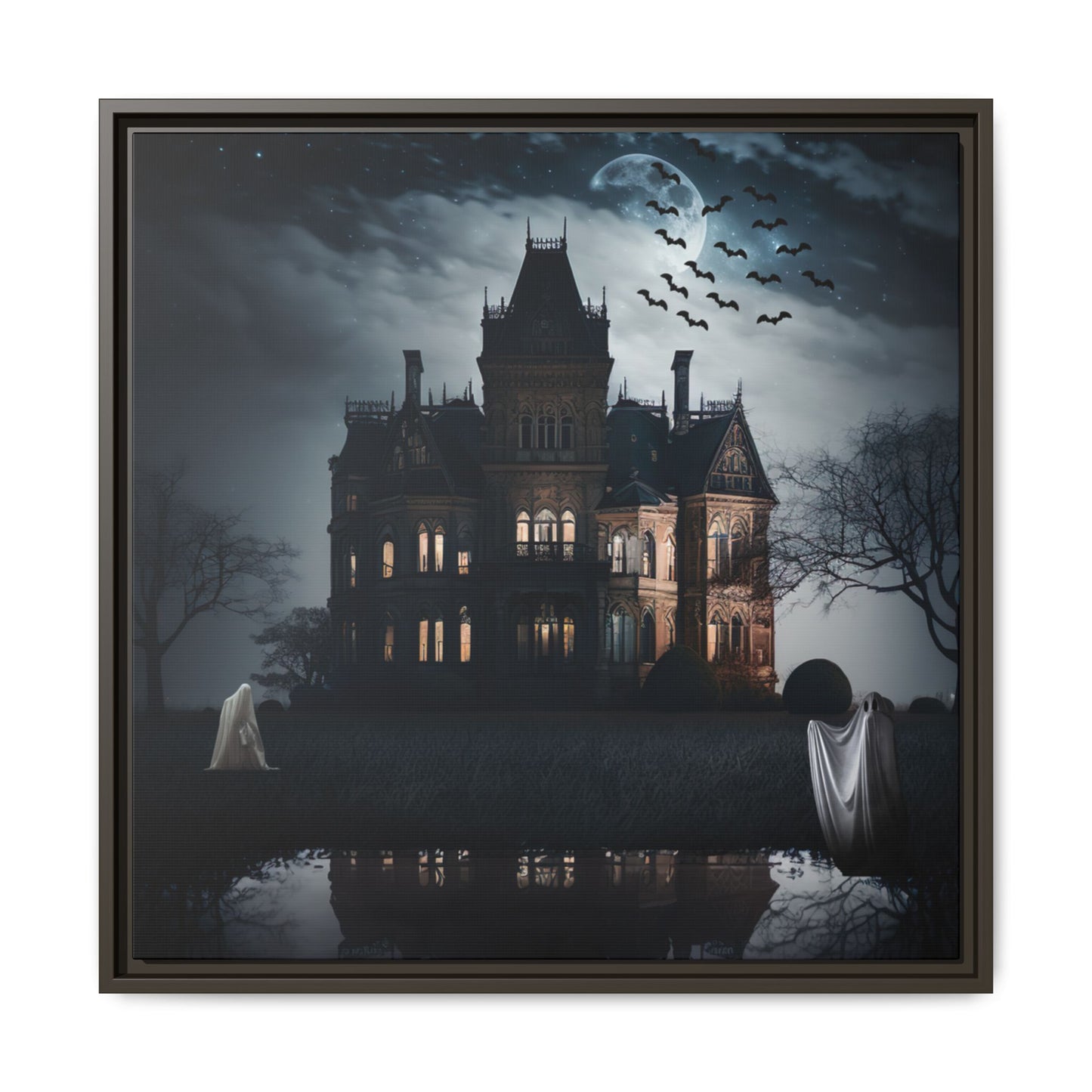 Framed artwork of a haunted house at night with ghosts and bats.